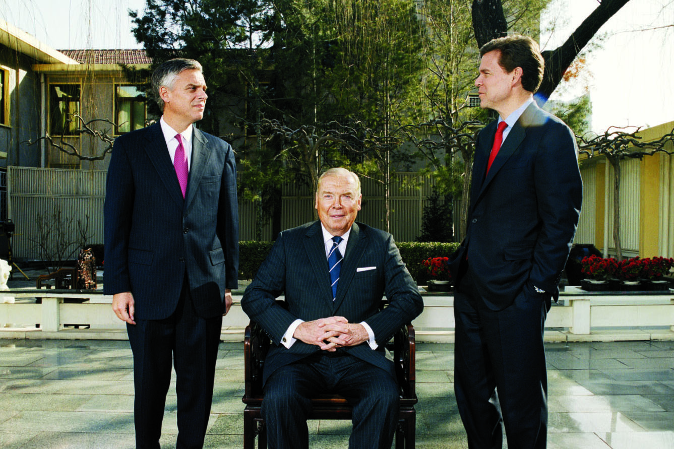 Huntsman Corp. founder and chairman Jon Meade Huntsman (seated) heads a clan that includes Jon Jr. (left), the U.S. ambassador to China, and Peter (right), now CEO of the company his father founded 40 years ago.