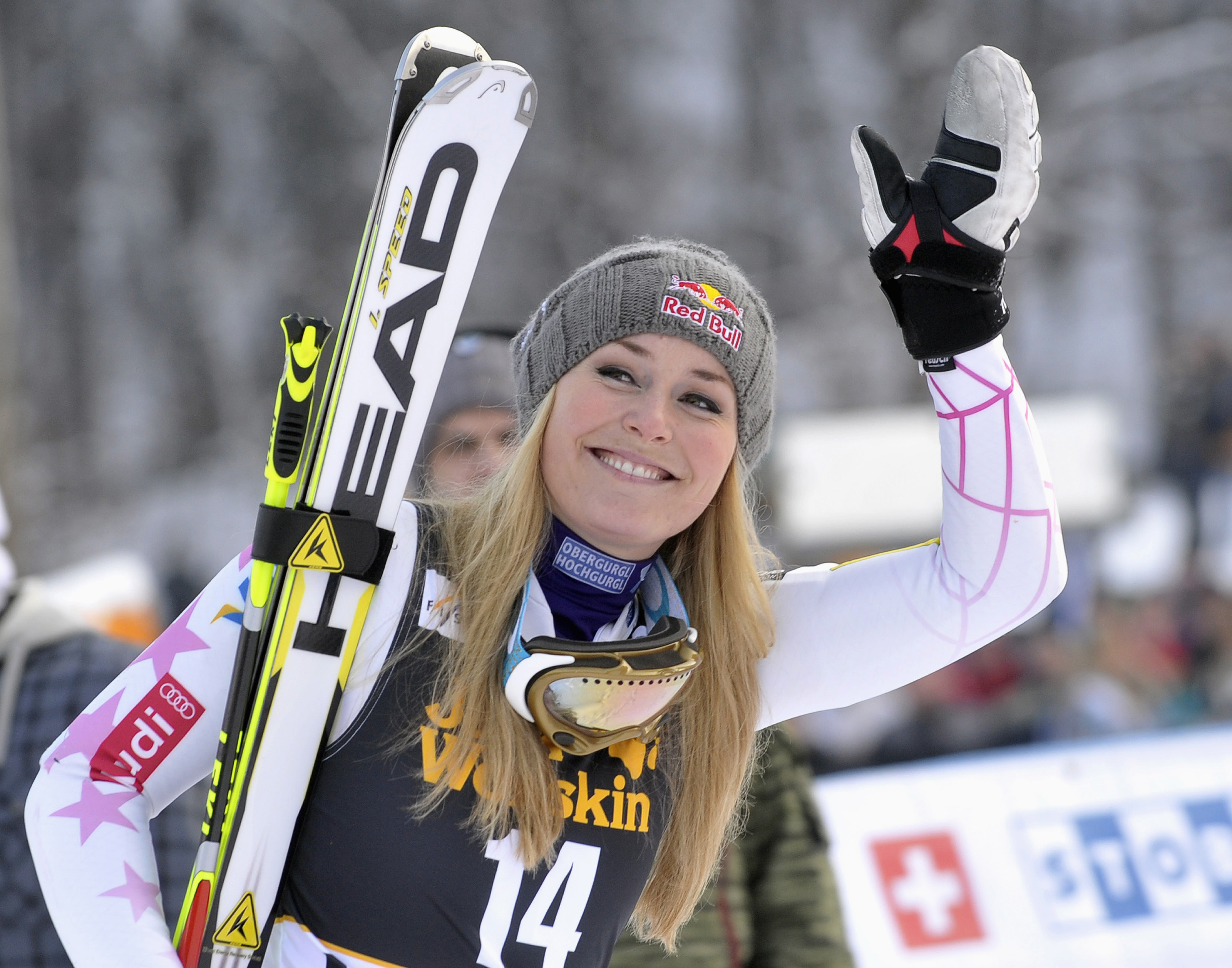 Vonn of the U.S. reacts after winning the World Cup Women's Giant Slalom race in Maribor