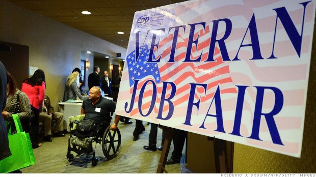 Anthony Teasley, a veteran of nine years in the Marines only to have lost his legs when he finished in an auto accident, attends the annual "Honor a Hero - Hire a Vet" job resource fair in Van Nuys, California, on October 24, 2013. The US jobless rate fell to 7.2 percent in September from 7.3 percent the month before, but job creation remained sluggish, the Labor Department reported on October 22. AFP PHOTO/Frederic J. BROWN (Photo credit should read FREDERIC J. BROWN/AFP/Getty Images)