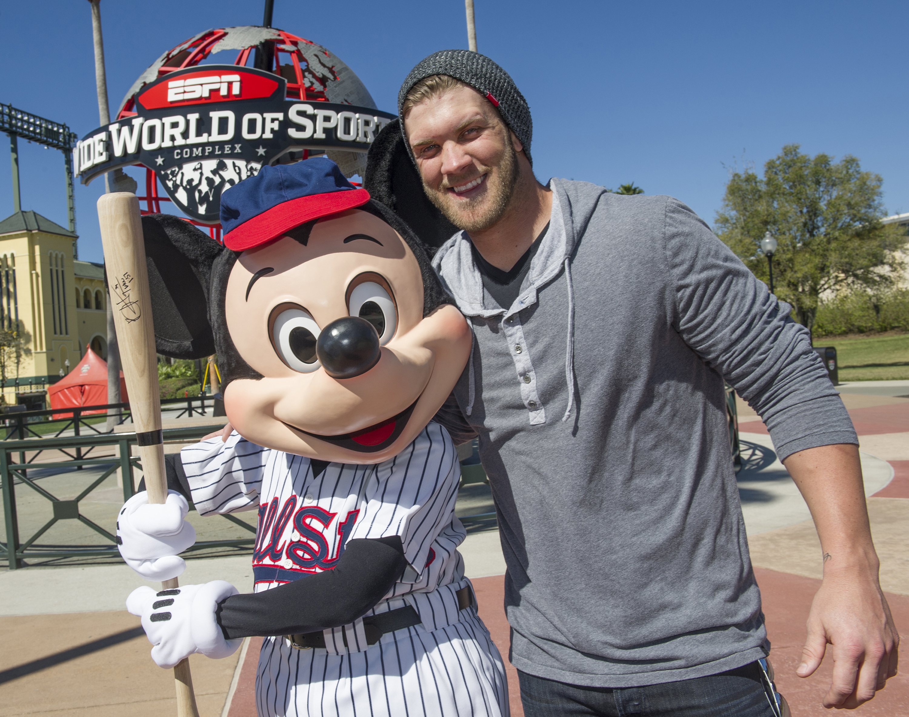 LAKE BUENA VISTA, FL - MARCH 04: In this handout image provided by Disney Parks, reigning National League Rookie of the Year Bryce Harper of the Washington Nationals poses with Mickey Mouse at ESPN Wide World of Sports Complex March 4, 2013 at Walt Disney World in Lake Buena Vista, Florida. Harper also was named to the 2012 NL All-Star Team. The Washington Nationals are hosting their MLB Spring Training in nearby Viera, Florida. (Photo by Gene Duncan/Disney Parks via Getty Images)