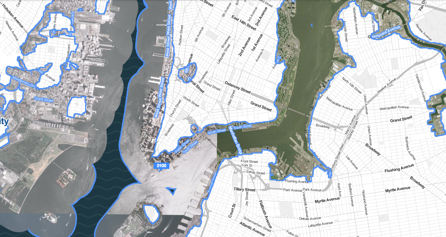 Climate Central's prediction for how lower Manhattan will look in the year 2100 due to rising sea levels.