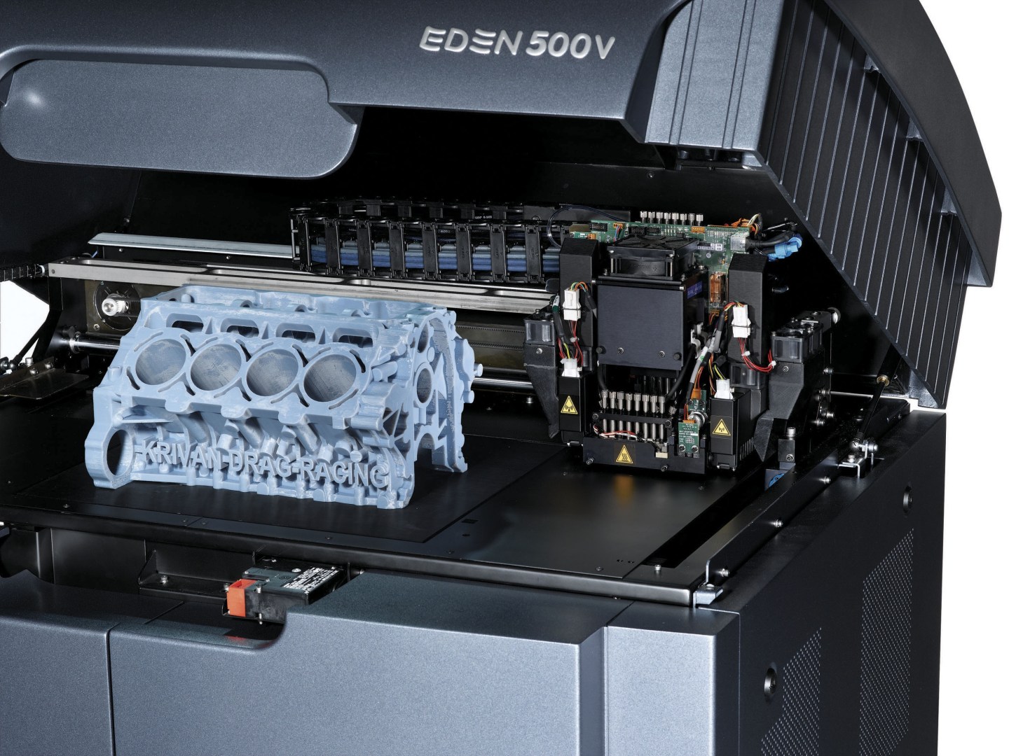 A prototype engine part in a Stratasys Eden500v 3D printer.