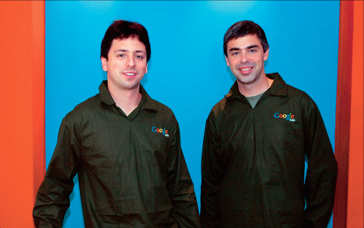 Sergey Brin with Larry Page in Bangalore, india in October 2004.