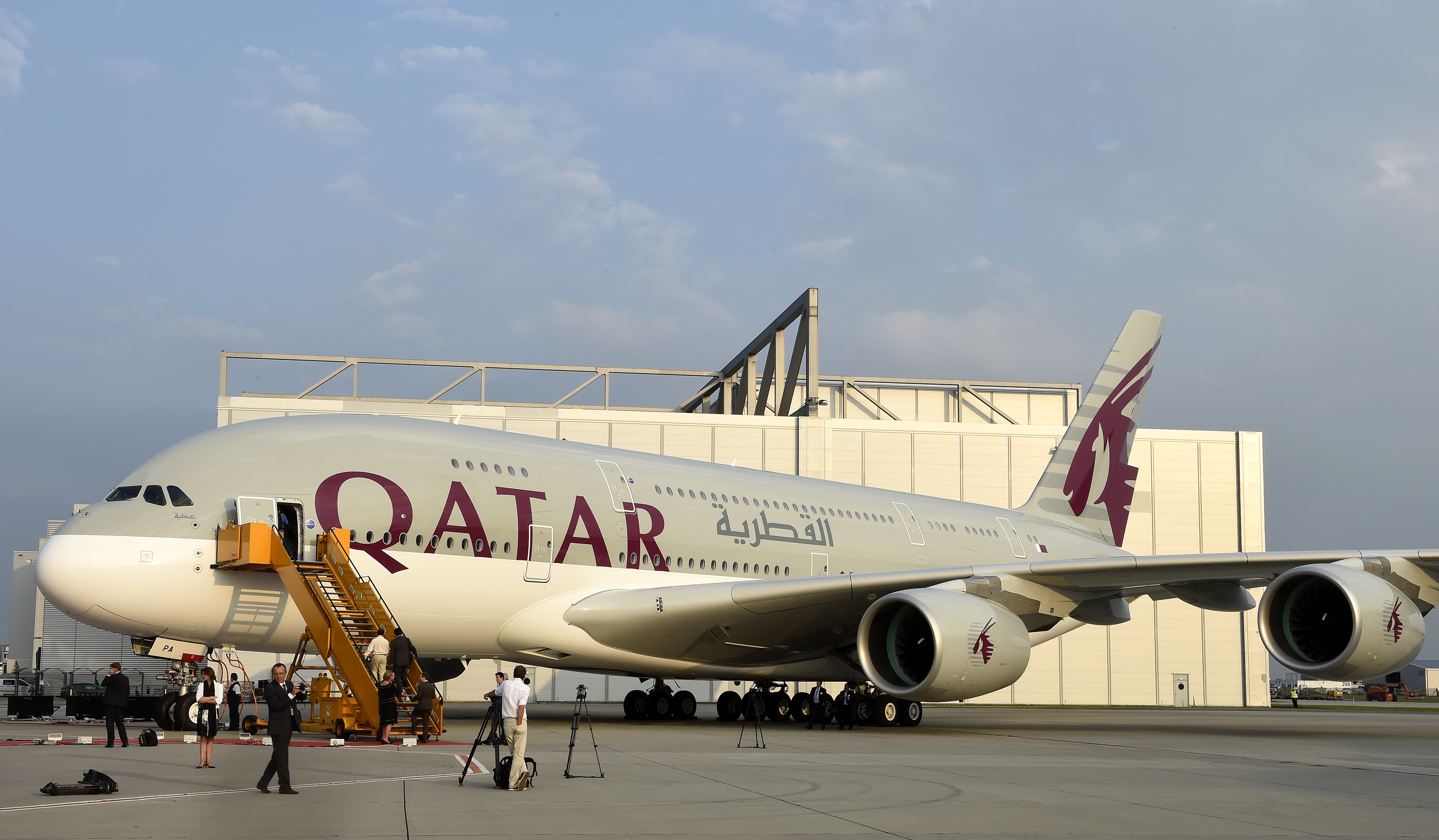An Airbus A380 is pictured during the delivery ceremony for Qatar Airways first 10 Airbus A380s at Airbus headquarters in Hamburg-Finkenwerder