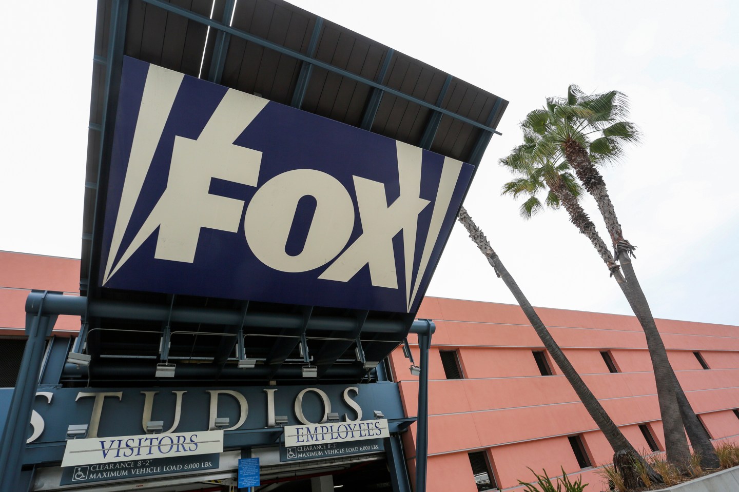 Sign is pictured at vehicle entrance to Fox Studios in Los Angeles, California