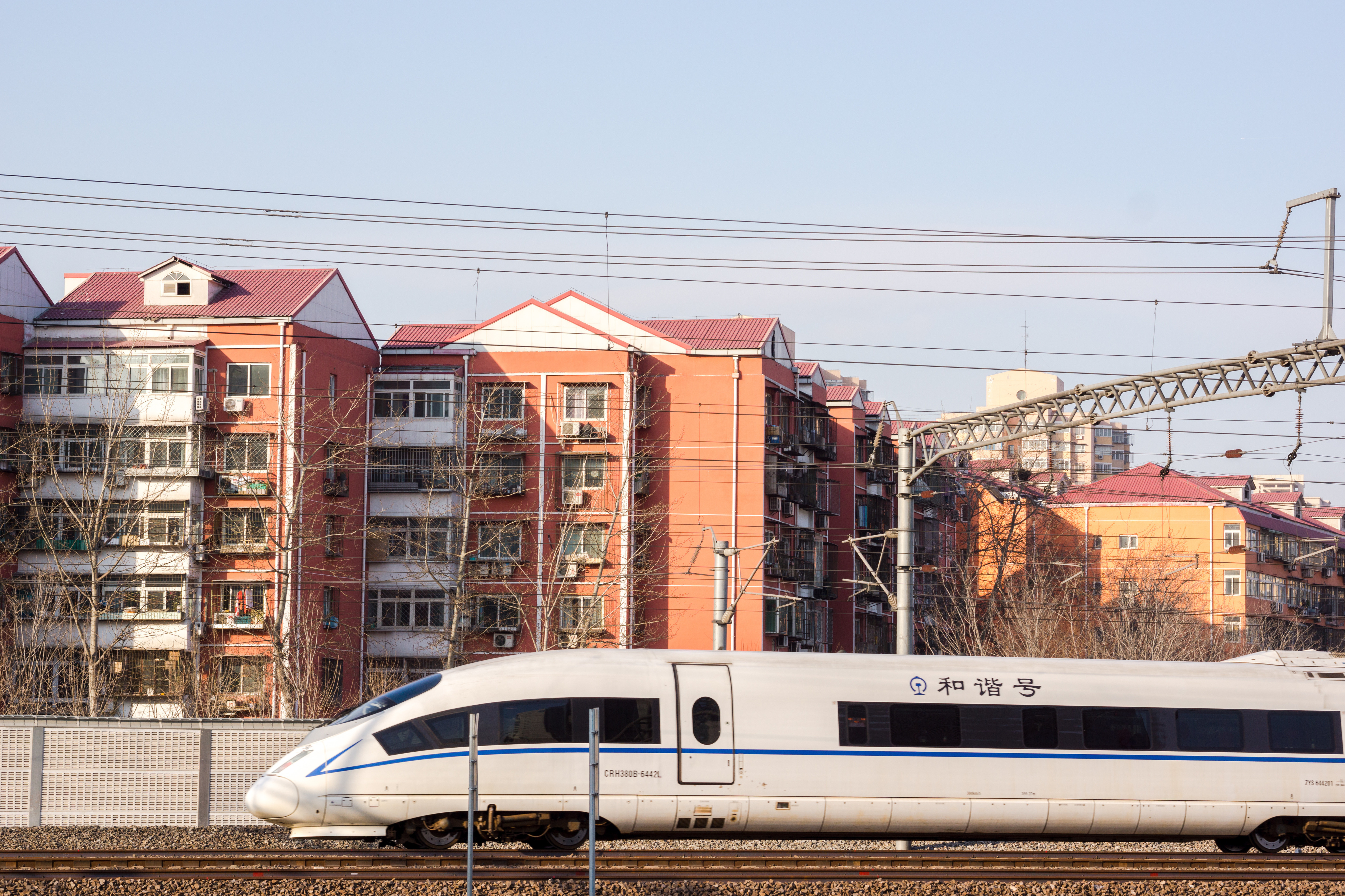 A high speed train is driving past a residential district.