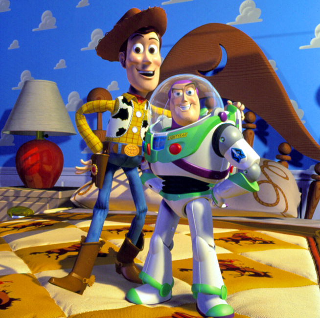 Characters Woody and Buzz Lightyear from the animated film "Toy Story." 1995