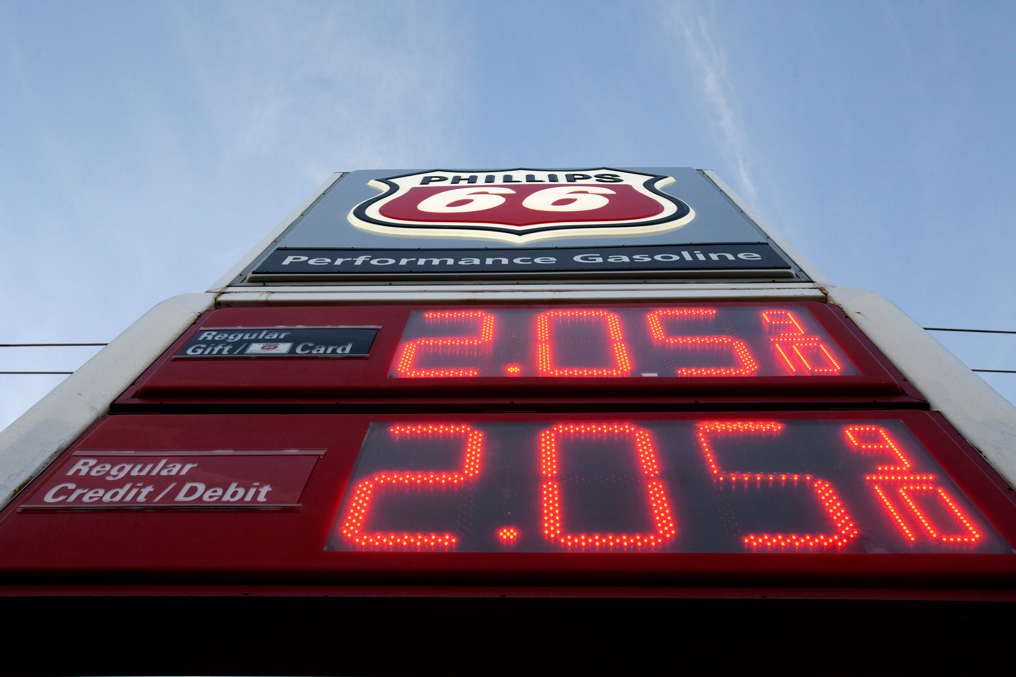 A gas price sign is seen at a Phillips 66 station on Westheimer Road in Houston, Texas