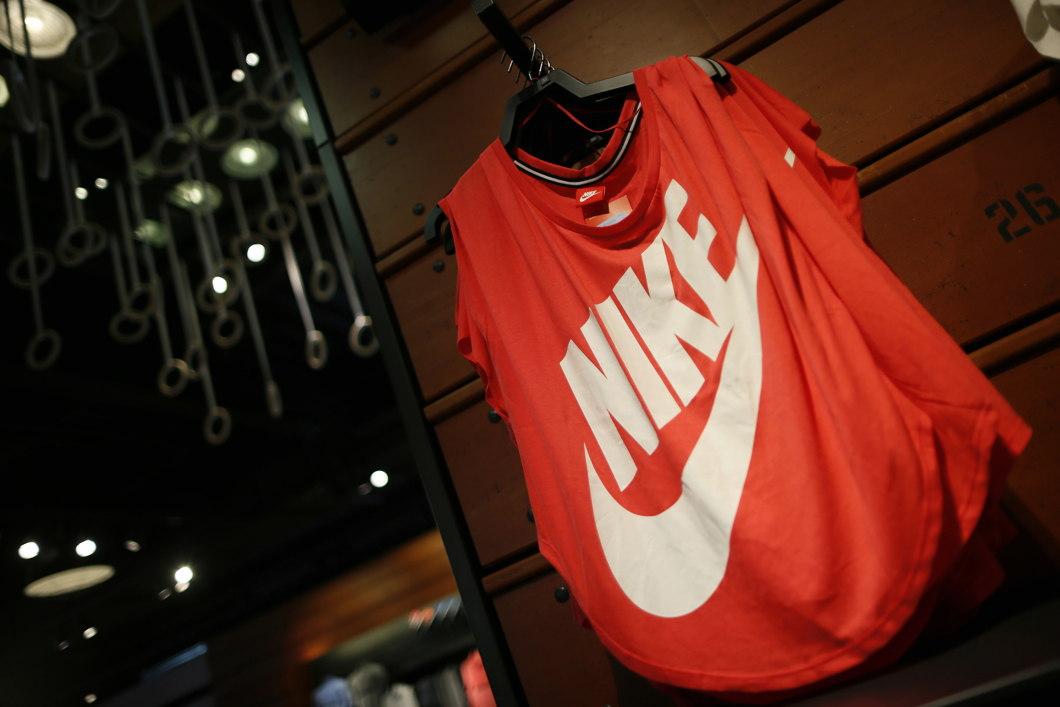Clothes are displayed in the Nike store in Santa Monica