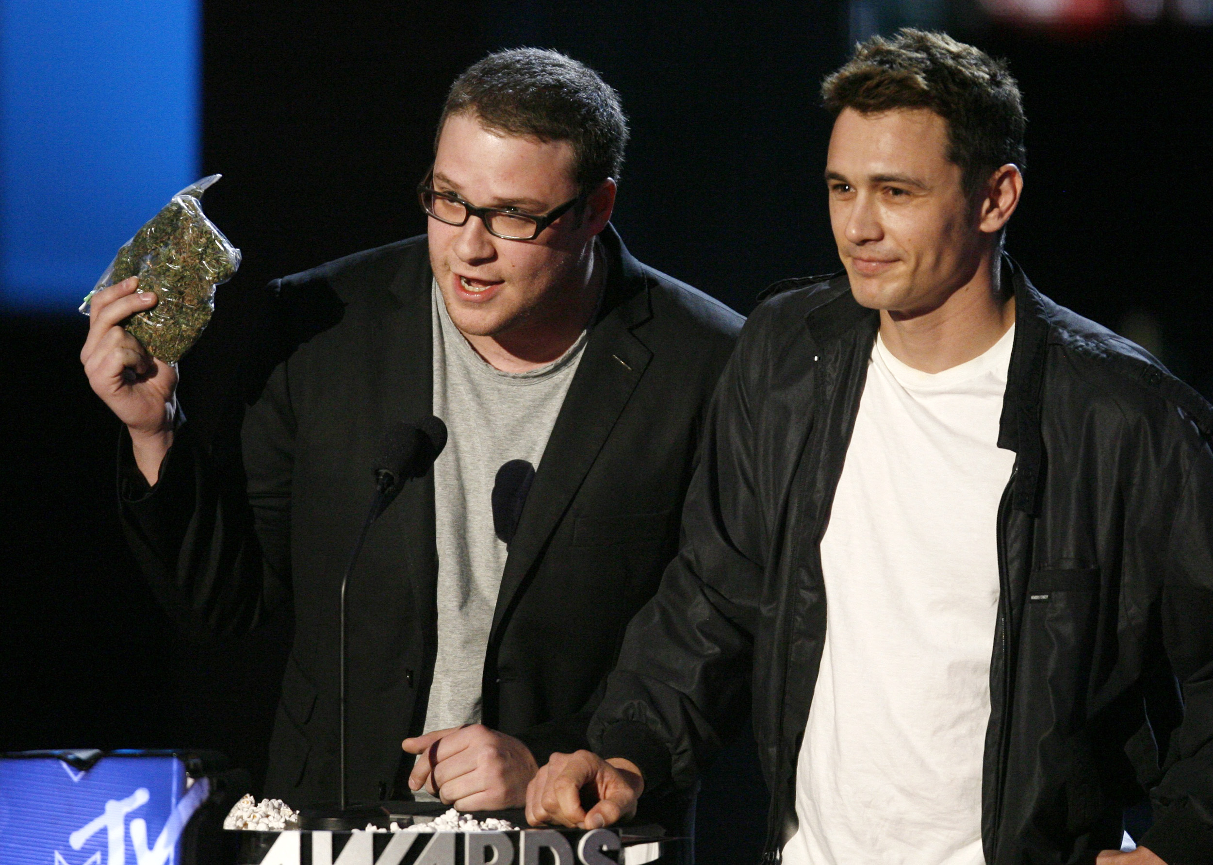Seth Rogan and James Franco perform in a skit about marijuana at the 2008 MTV Movie Awards in Los Angeles