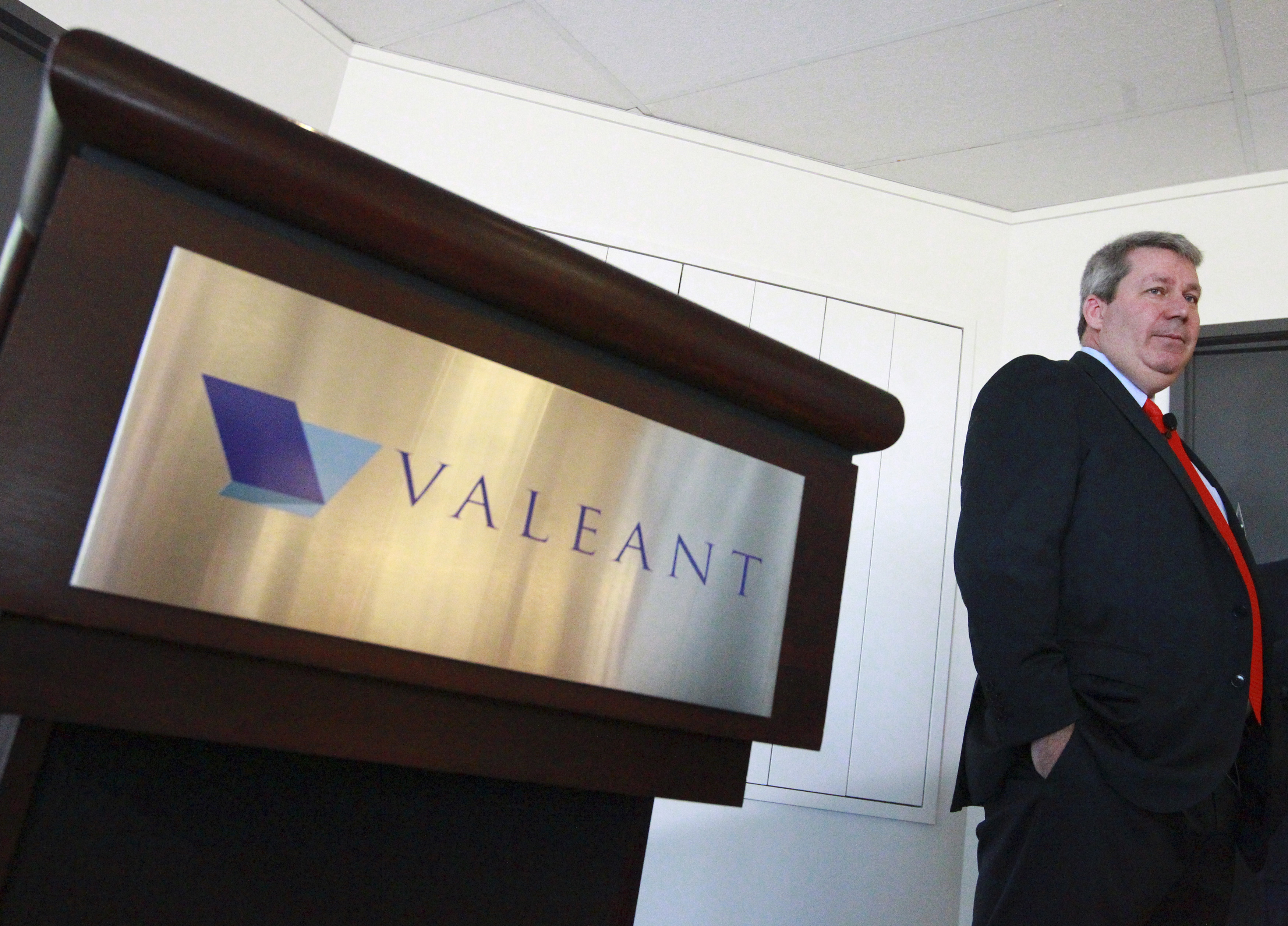 J. Michael Pearson, Chairman of the board and Chief Executive Officer of Valeant Pharmaceuticals International Inc., waits for the start of their annual general meeting in Laval, Quebec