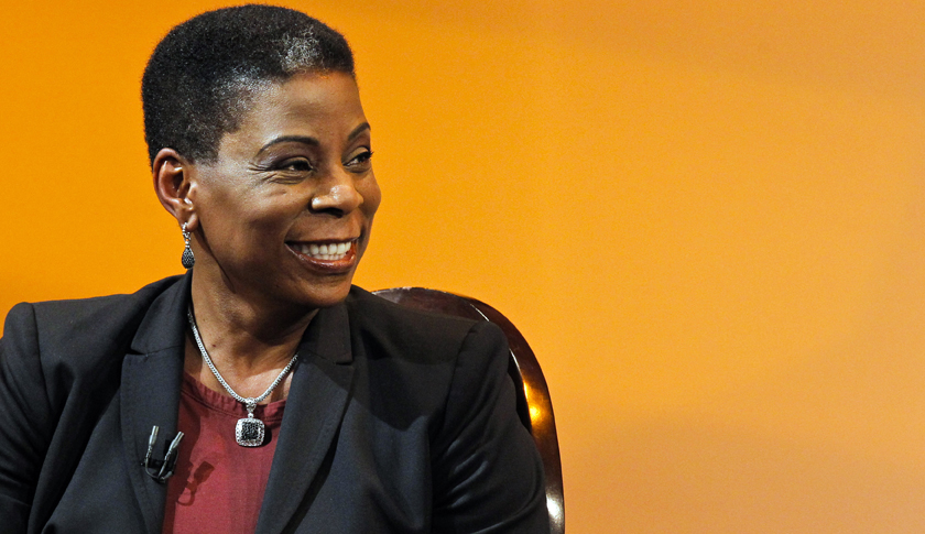 Burns, Chairman and CEO of Xerox smiles when she attends an interview at The Times Center in New York