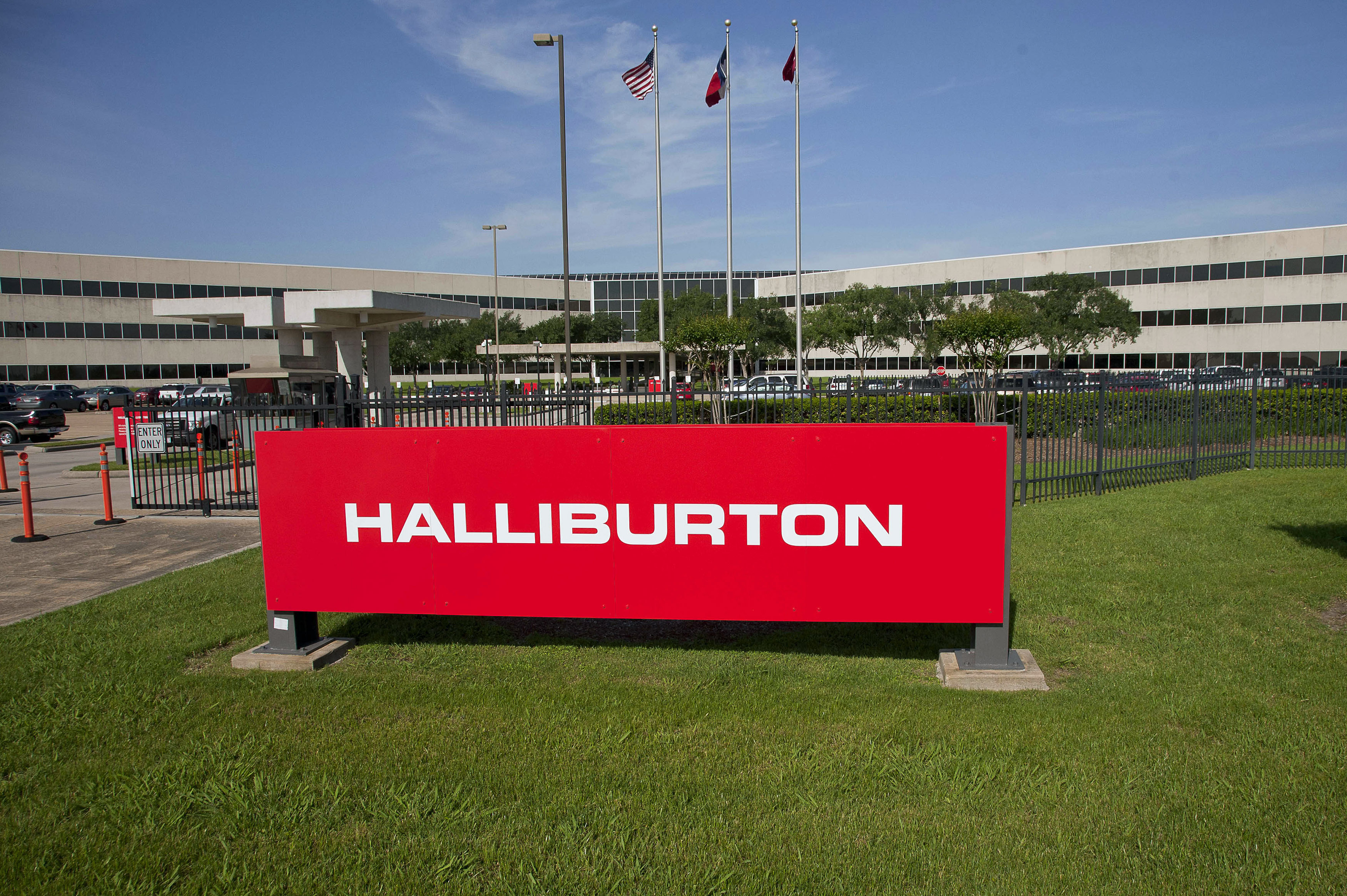 The company logo of Halliburton oilfield services corporate offices is seen in Houston
