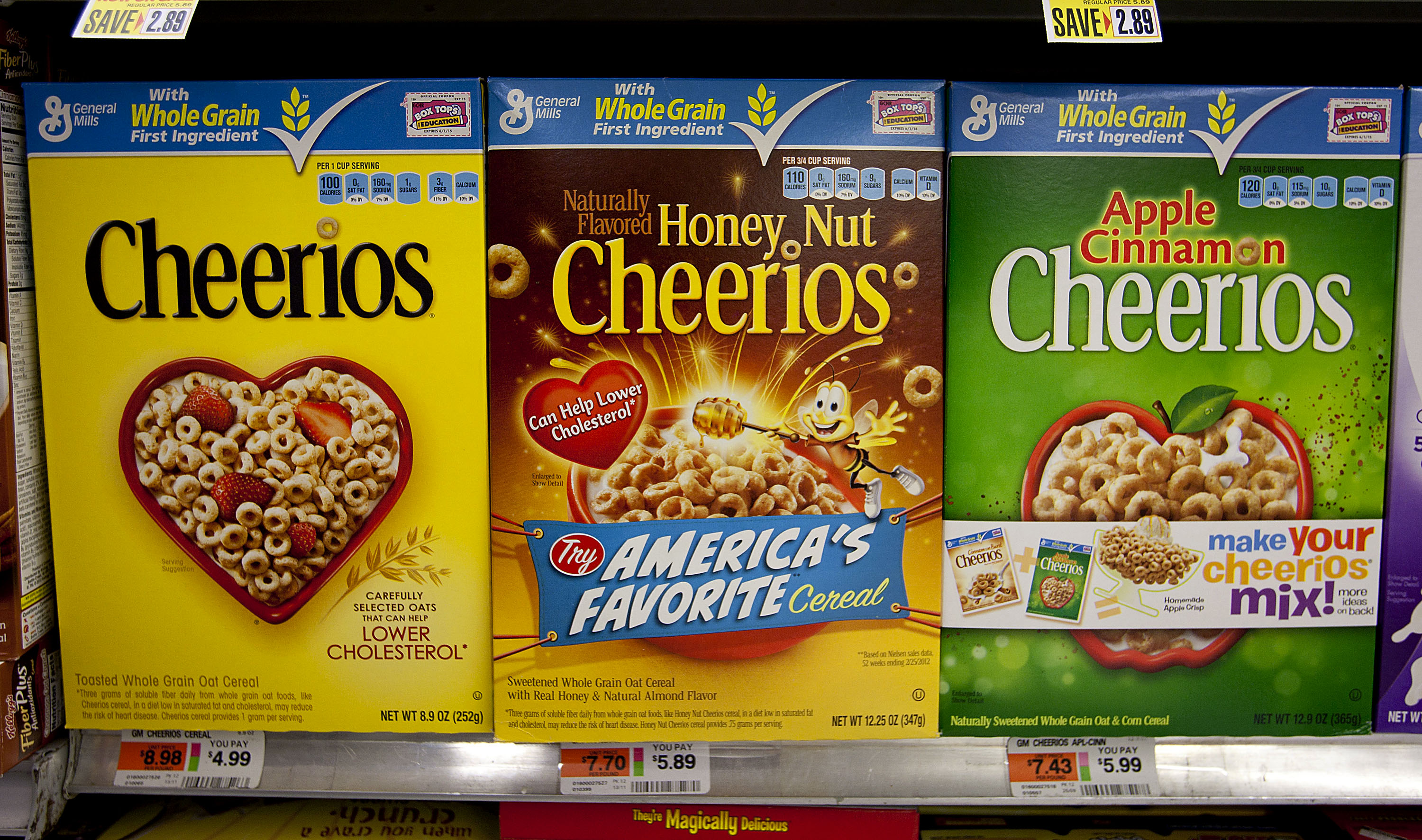 General Mills Inc. Cheerios cereals are displayed for sale at a supermarket in New York, U.S., on Monday, June 25, 2012. General Mills Inc., the maker of Cheerios cereal and Yoplait yogurt, is scheduled release quarterly earnings on June 27. Photographer: Scott Eells/Bloomberg via Getty Images