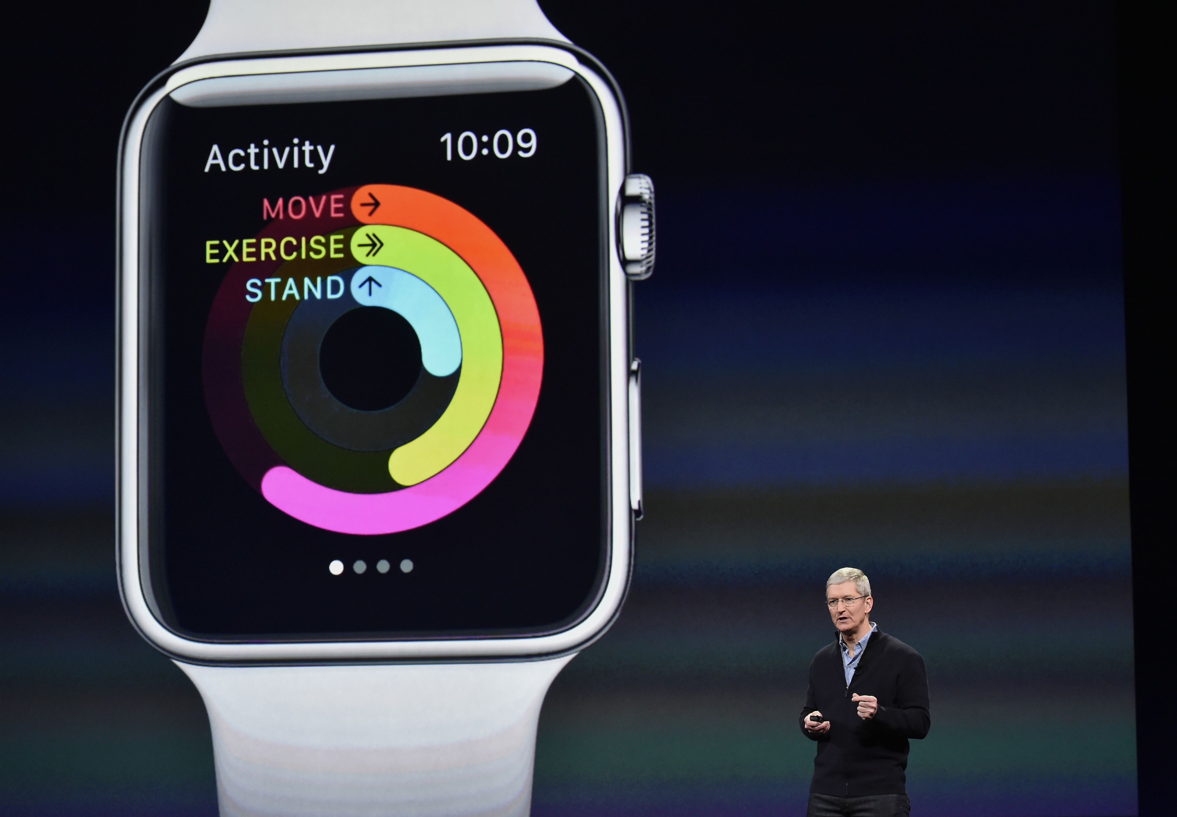 Tim Cook, chief executive officer of Apple Inc., speaks during the Apple Inc. Spring Forward event in San Francisco, California, U.S., on Monday, March 9, 2015. Cook returns to the spotlight to answer questions on many of the Apple Watch's key selling points, including price range, battery life and when in April it will reach stores. Photographer: David Paul Morris/Bloomberg via Getty Images