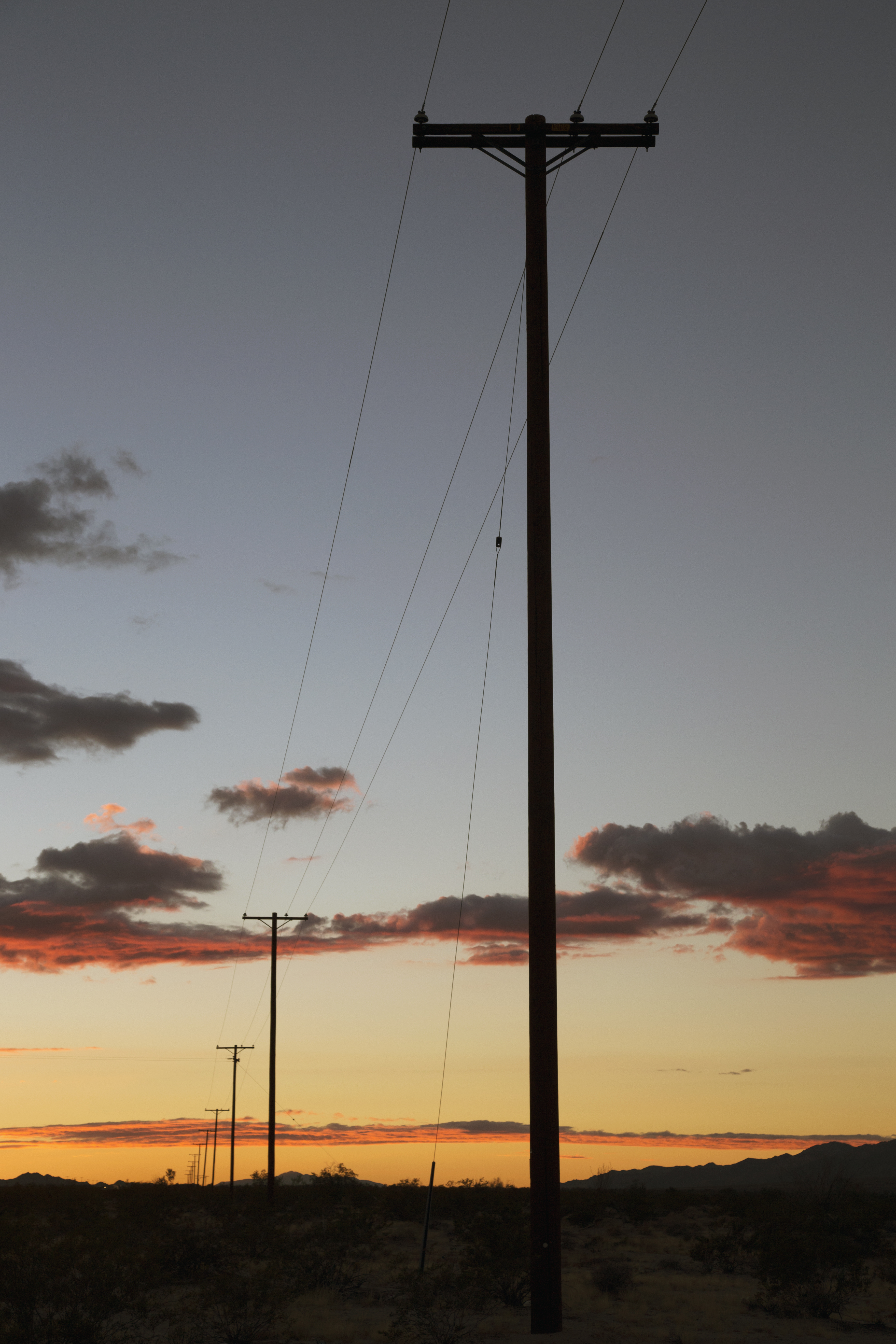 Telephone polls at sunset, Interstate 10, near Palm Springs, California