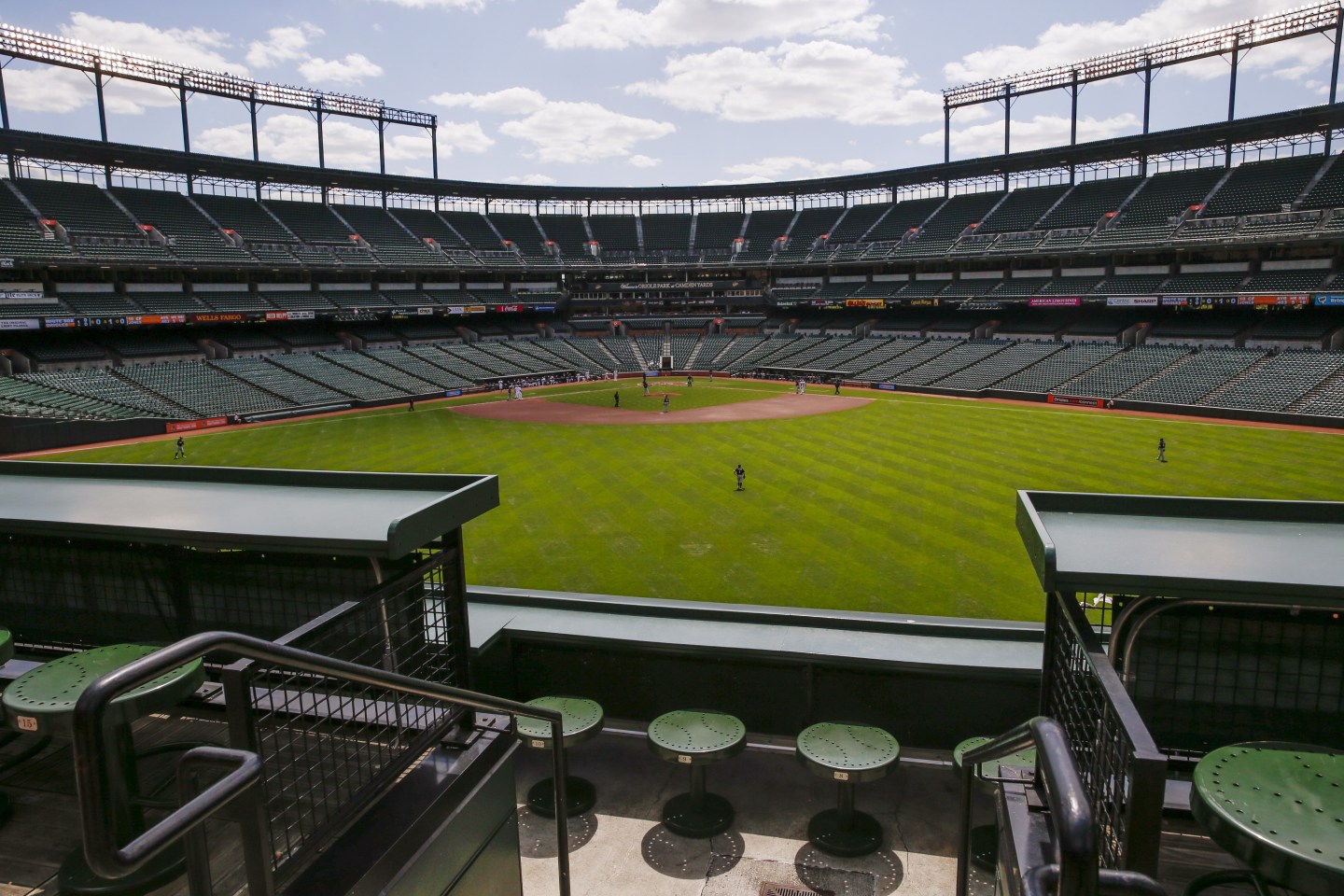 Camden Yards ballpark sits empty of fans during the Baltimore Orioles against Chicago White Sox American League baseball game in Baltimore, Maryland