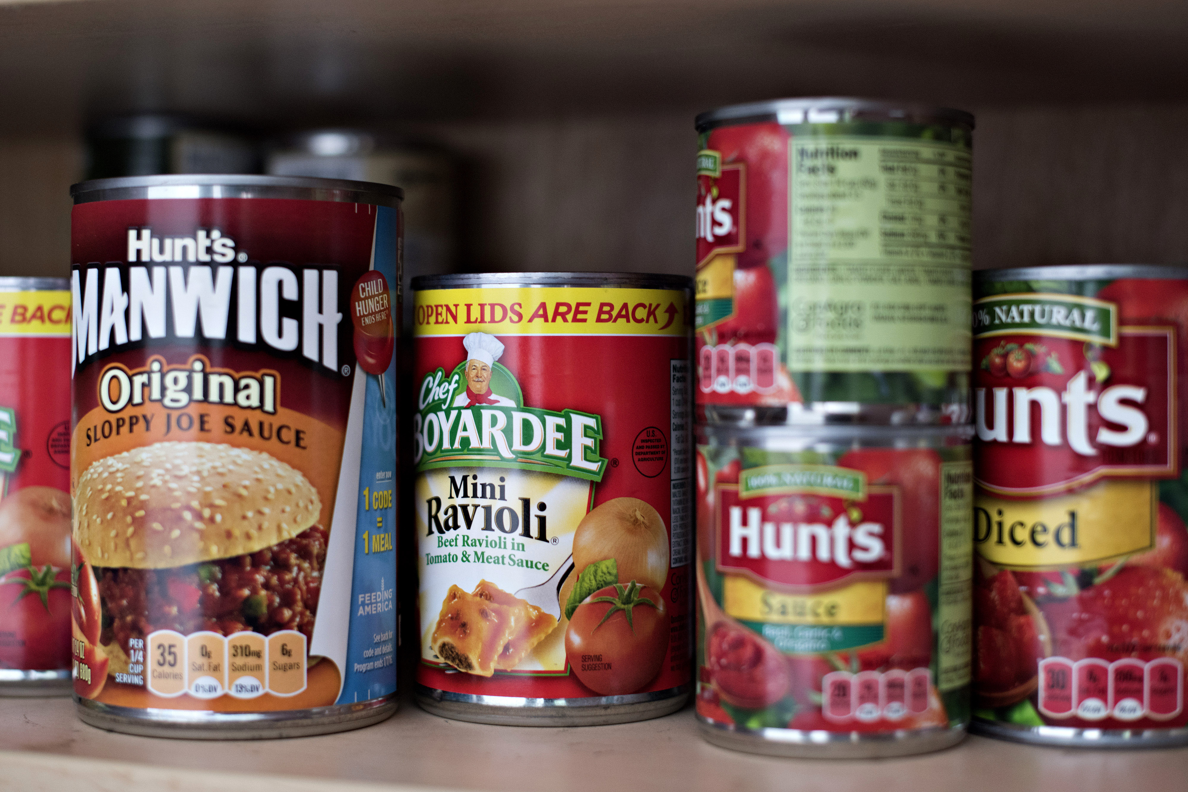 ConAgra Foods Chef Boyardee brand mini ravioli is displayed for a photograph in Tiskilwa, Illinois, U.S., on Monday, March 23, 2015. ConAgra Foods, Inc., is scheduled to report its fiscal 2015 third-quarter results on Thursday, March 26, 2015. Photographer:  Daniel Acker/Bloomberg