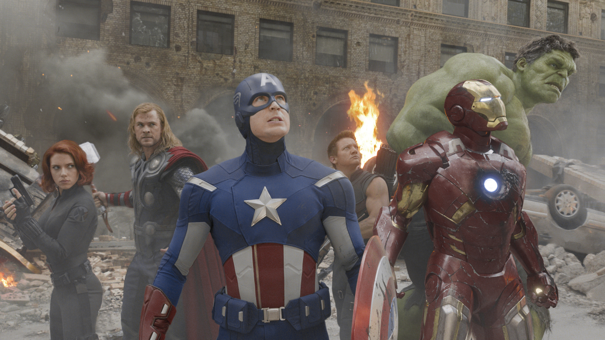 “Marvel's The Avengers”L to R: Black Widow (Scarlett Johansson), Thor (Chris Hemsworth), Captain America (Chris Evans), Hawkeye (Jeremy Renner), Iron Man (Robert Downey Jr.), and Hulk (Mark Ruffalo)Ph: Film Frame © 2011 MVLFFLLC. TM &amp; © 2011 Marvel. All Rights Reserved.