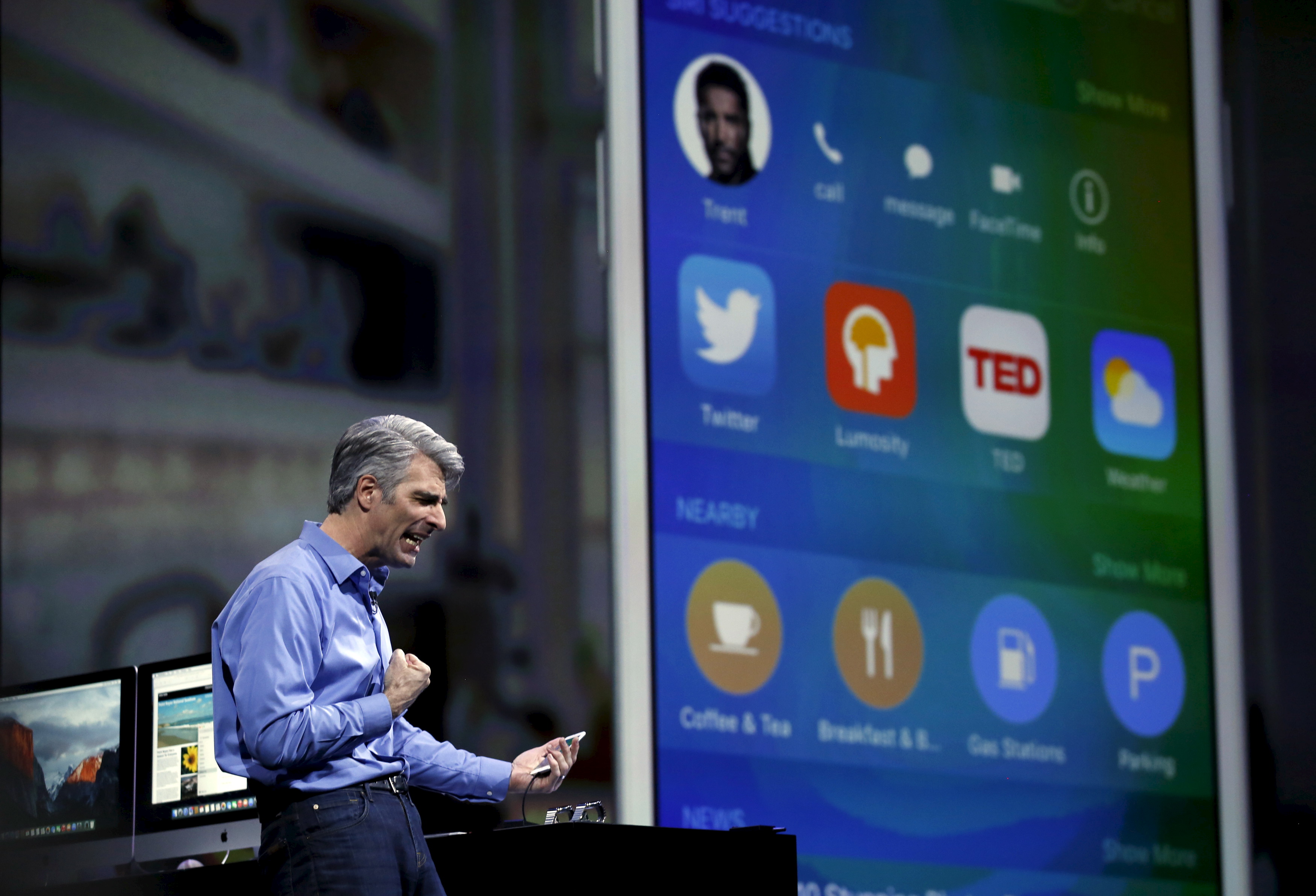 Apple senior vice president for software engineering Craig Federighi speaks at the Worldwide Developers Conference in San Francisco
