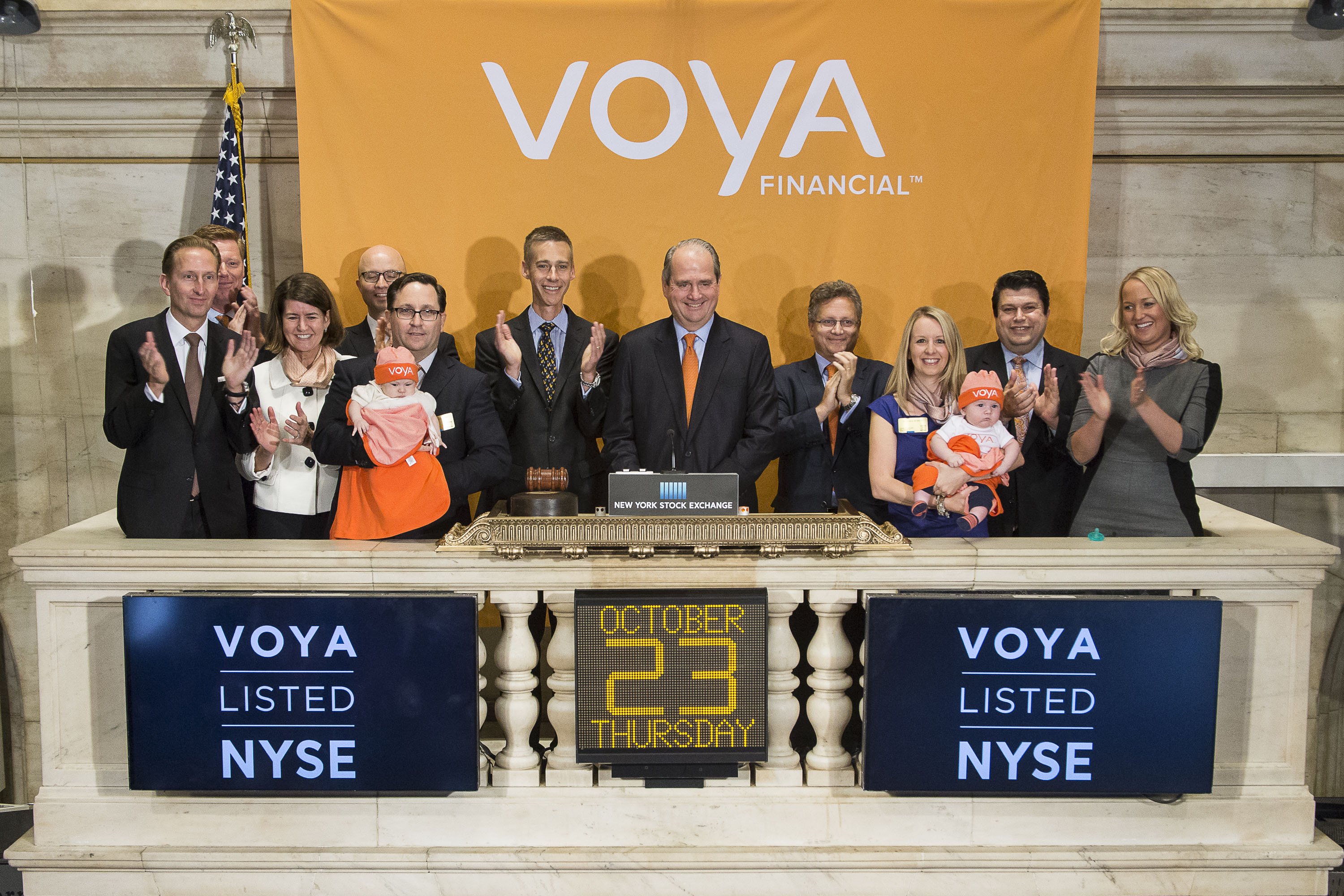 NEW YORK, NY - OCTOBER 23: Voya Financial Chairman and CEO Rodney O. Martin Jr. rings the NYSE Closing Bell® to highlight the Voya Born to Save program and celebrate the consumer launch of the Voya brand at The New York Stock Exchange on October 23rd, 2014 in New York City. Through the Voya Born to Save program, every baby born in the United States on October 20, 2014 is eligible to receive a $500 mutual fund investment from Voya Financial as a head start on their future retirement savings. (Photo by Josh Kuckens/NYSE)