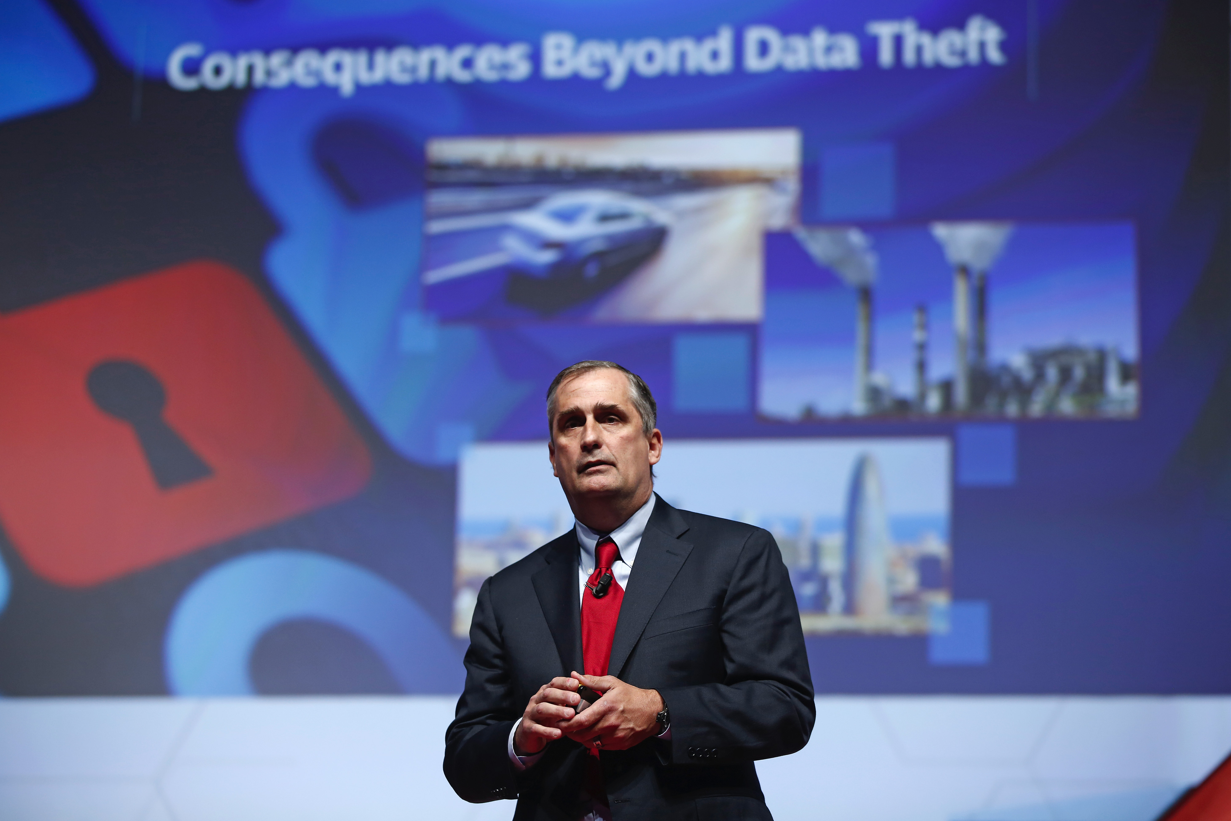 Brian Krzanich, chief executive officer of Intel Corp., speaks during a keynote session at the Mobile World Congress in Barcelona, Spain, on Wednesday, March 4, 2015. The event, which generates several hundred million euros in revenue for the city of Barcelona each year, also means the world for a week turns its attention back to Europe for the latest in technology, despite a lagging ecosystem. Photographer: Simon Dawson/Bloomberg *** Local Caption *** Brian Krzanich