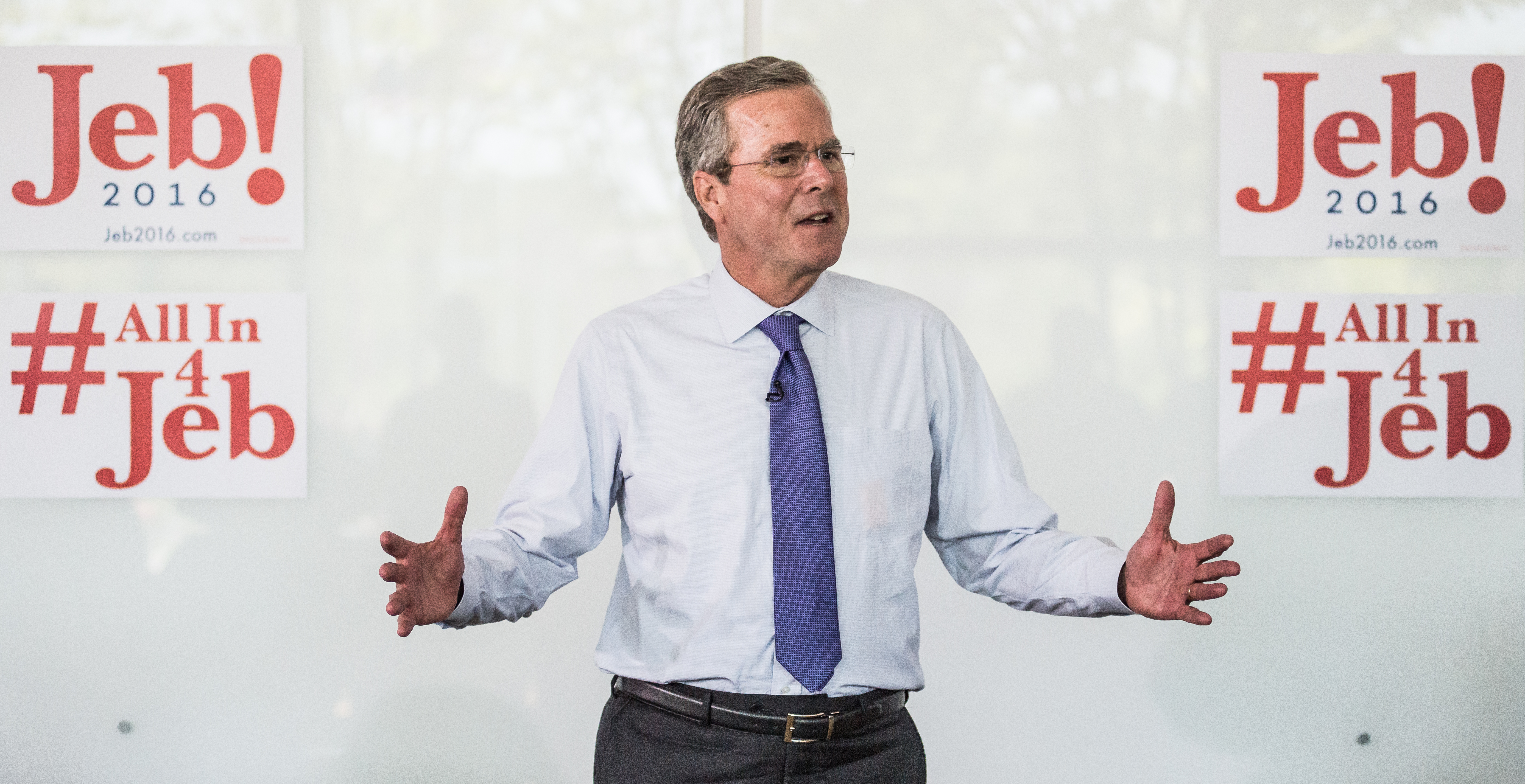 Caption:WEST COLUMBIA, SC - JUNE 29: Republican presidential candidate and former Florida Gov. Jeb Bush answers questions from employees of Nephron Pharmaceutical Company June 29, 2015 in West Columbia, South Carolina. Before talking with the employees of the Orlando, Florida based company Bush took a tour of the facility in West Columbia, South Carolina. (Photo by Sean Rayford/Getty Images)
