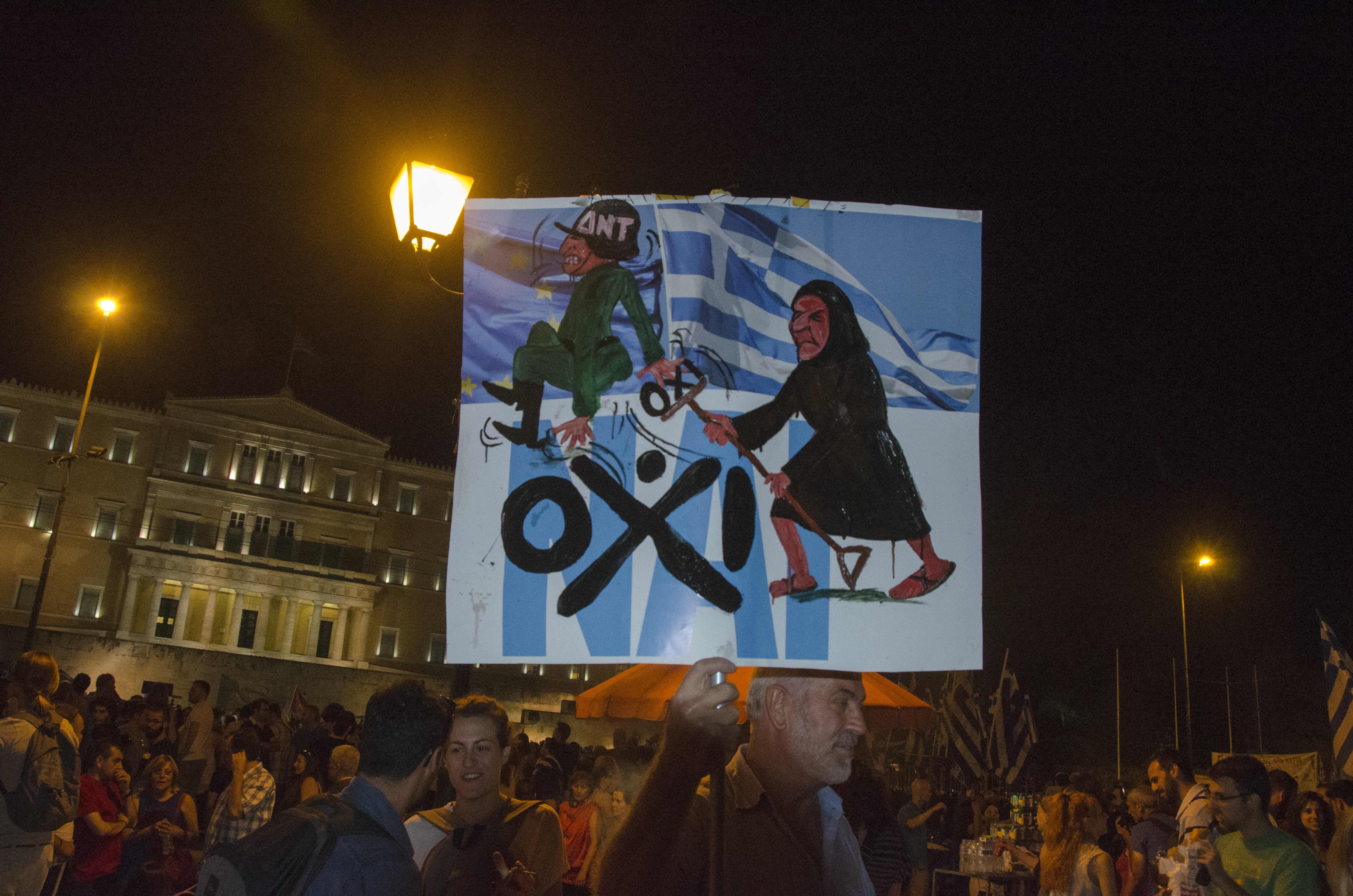 Syntagma square is full of demonstrators. Greek people
