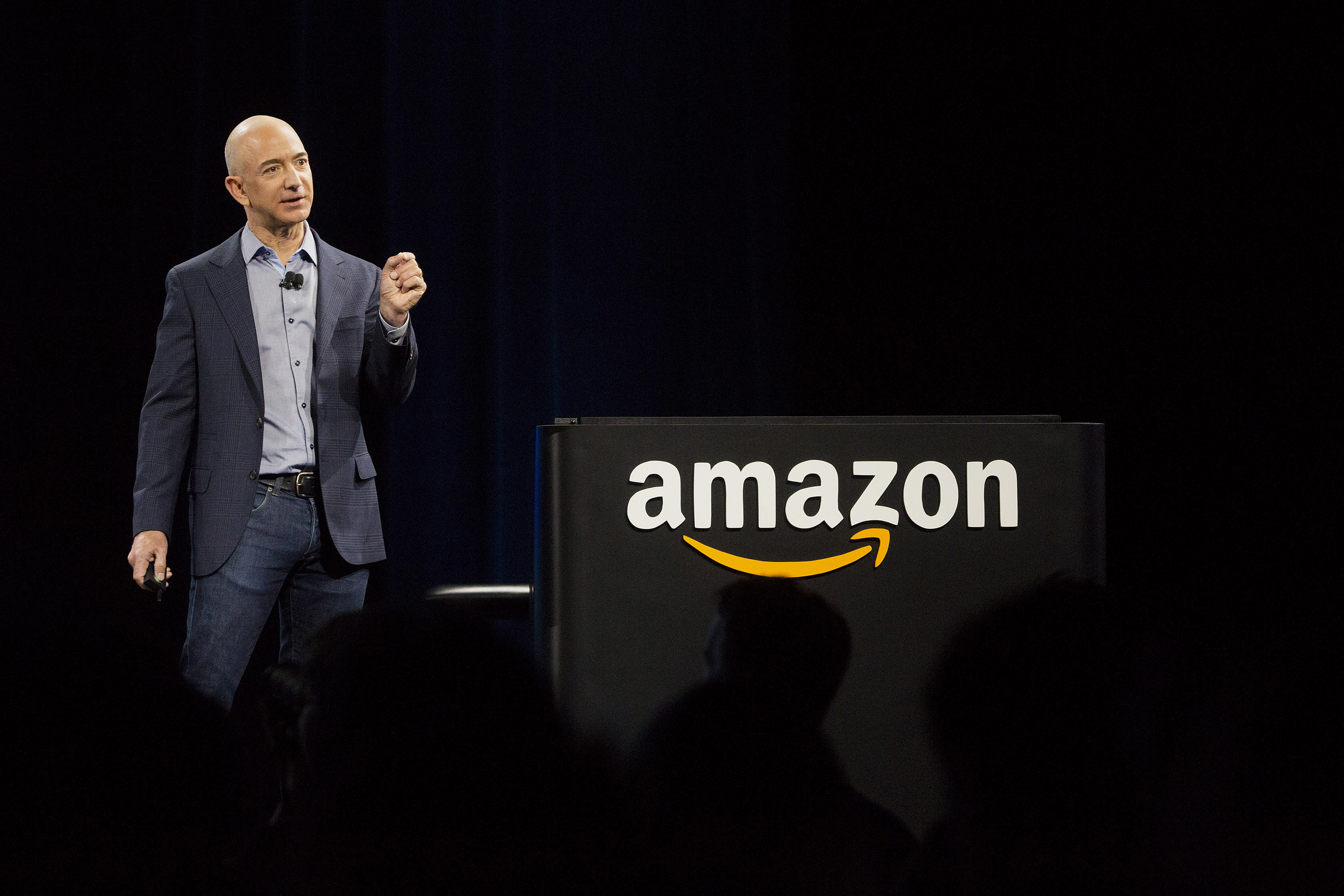 Jeff Bezos, chief executive officer of Amazon, speaks during an event at Fremont Studios in Seattle, Washington, U.S.