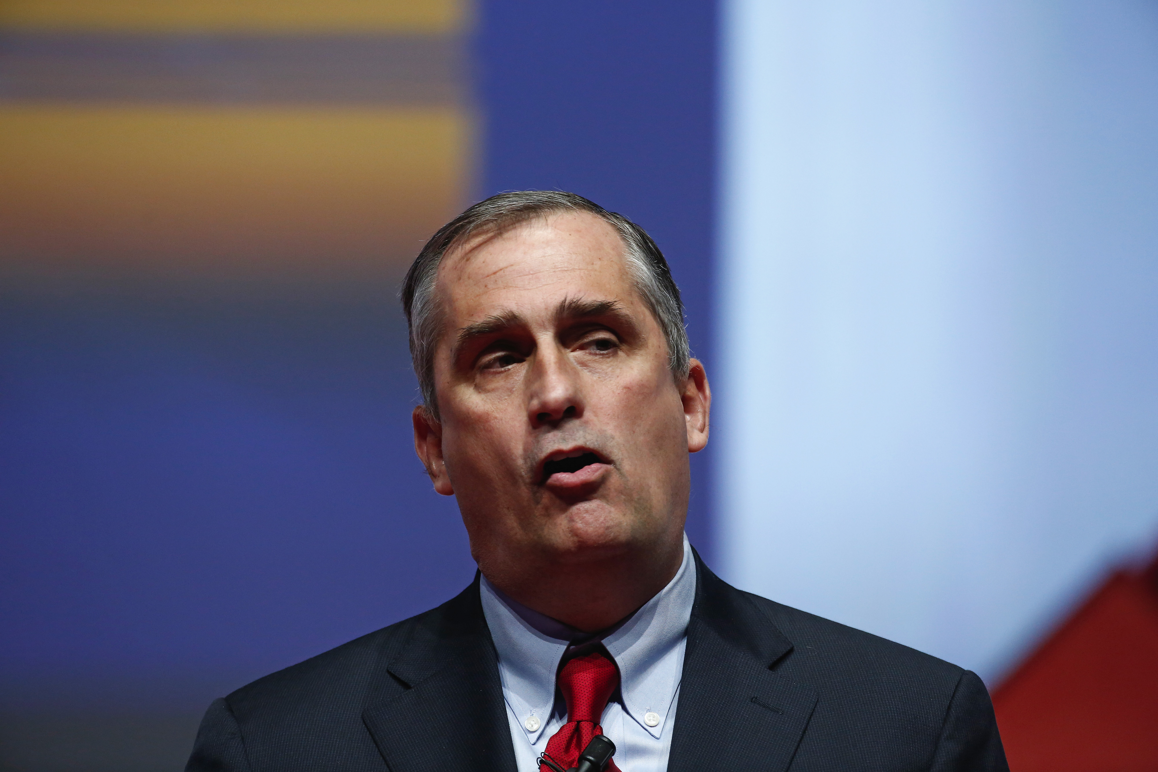 Brian Krzanich, chief executive officer of Intel Corp., speaks during a keynote session at the Mobile World Congress in Barcelona, Spain, on Wednesday, March 4, 2015. The event, which generates several hundred million euros in revenue for the city of Barcelona each year, also means the world for a week turns its attention back to Europe for the latest in technology, despite a lagging ecosystem. Photographer: Simon Dawson/Bloomberg *** Local Caption *** Brian Krzanich