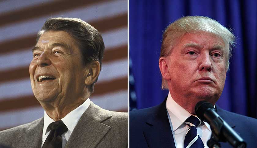 US President Ronald W. Reagan speaking at a fundraiser for Senate Candidate Linda Chavez's campaign. (Photo by Dirck Halstead/The LIFE Images Collection/Getty Images)
BIRCH RUN, MI - AUGUST 11: Republican presidential candidate Donald Trump speaks at a press conference before delivering the keynote address at the Genesee and Saginaw Republican Party Lincoln Day Event August 11, 2015 in Birch Run, Michigan. This is Trump's first campaign event since his Republican debate last week. (Photo by Bill Pugliano/Getty Images)