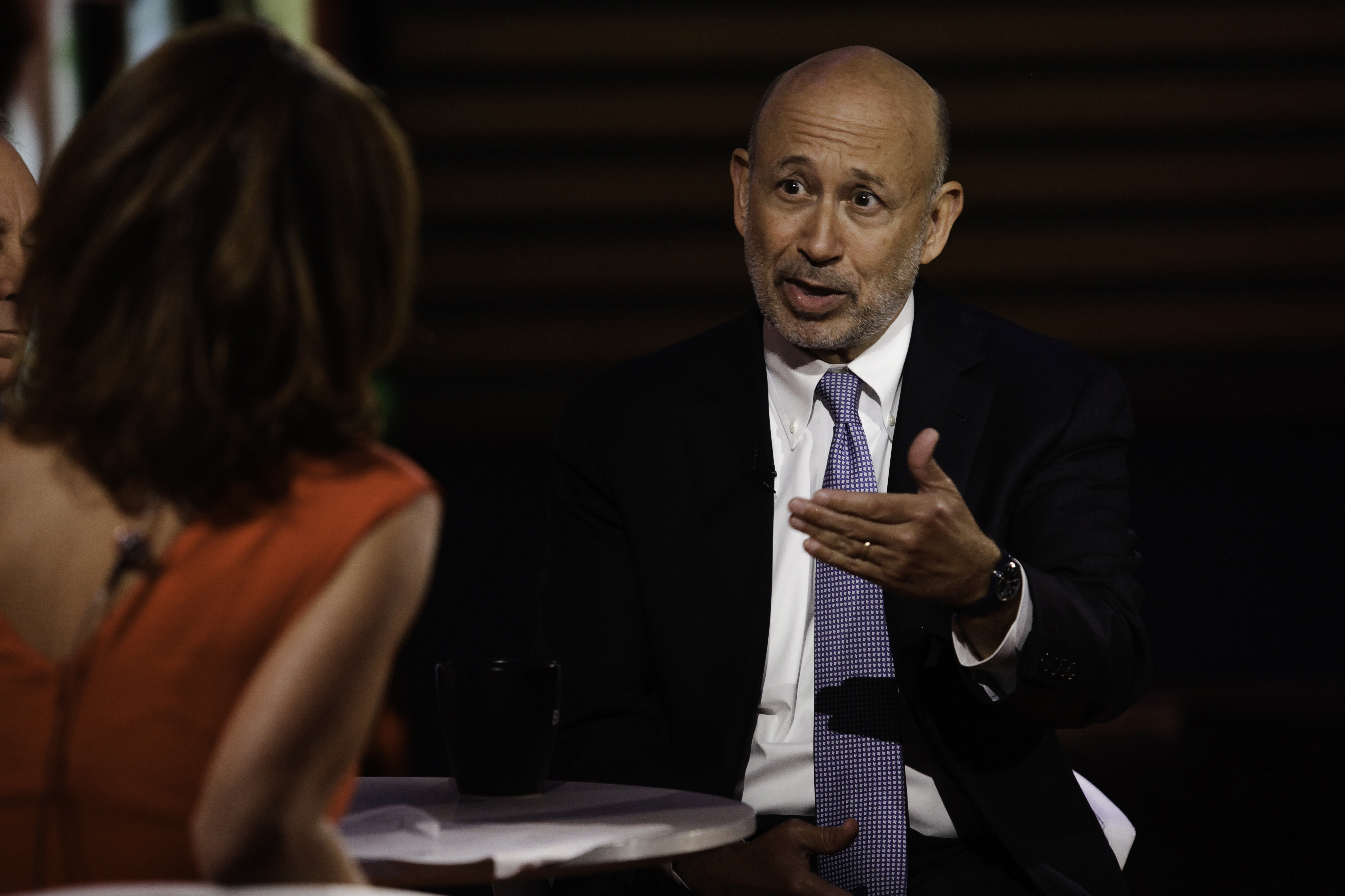 Lloyd Blankfein, CEO of Goldman Sachs Group, is photographed during a TV interview in the Bloomberg Offices in New York, NY, U.S., on Wednesday, July 29, 2015