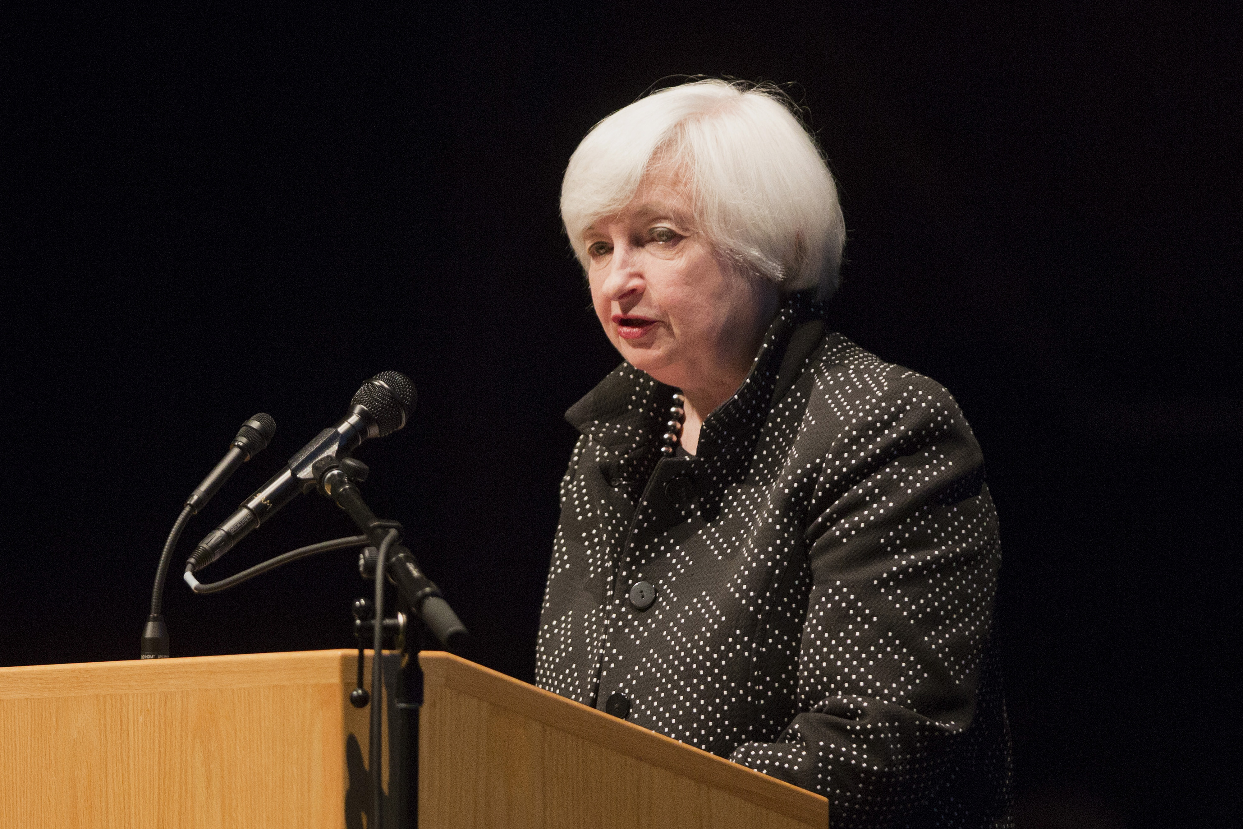 Janet Yellen, chair of the U.S. Federal Reserve, speaks during the annual Philip Gamble Memorial Lecture at the University of Massachusetts Amherst in Amherst, Massachusetts, U.S., on Thursday, Sept. 24, 2015. Photographer: Scott Eisen/Bloomberg *** Local Caption *** Janet Yellen