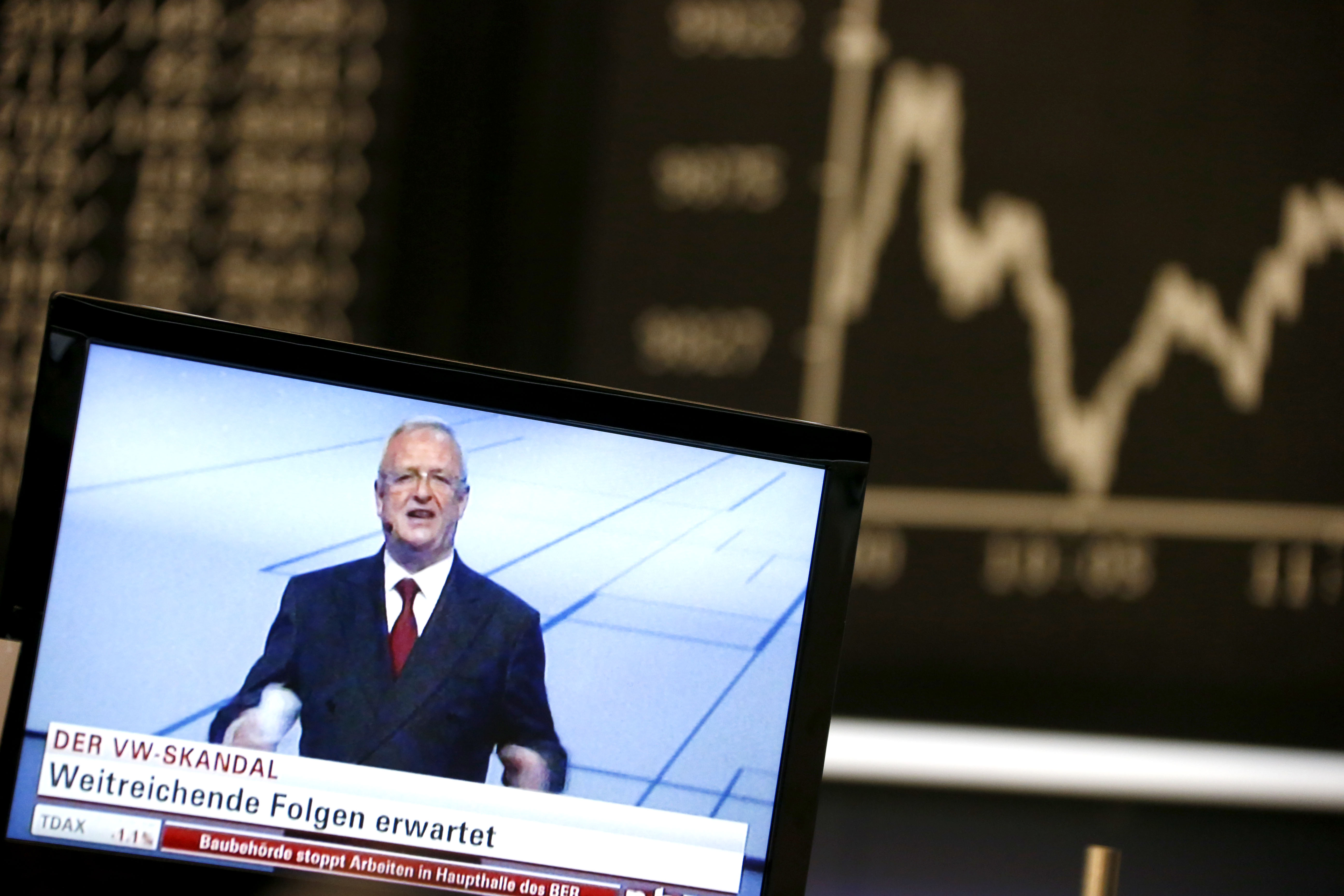 Winterkon CEO of Volkswagen appears onTV in front of German DAX board at stock exchange in Frankfurt