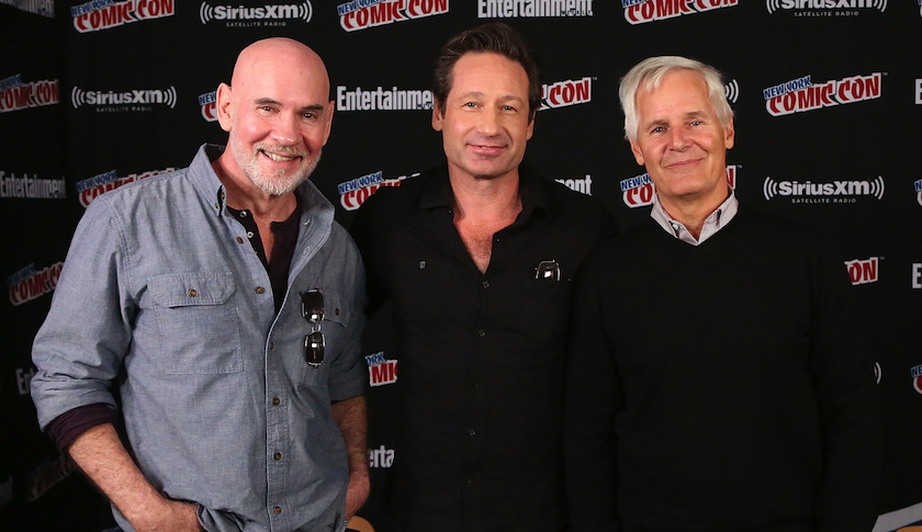 Left to right: “X-Files” actors Mitch Pileggi and David Duchovny, and show creator Chris Carter at Comic-Con in New York, Oct. 10