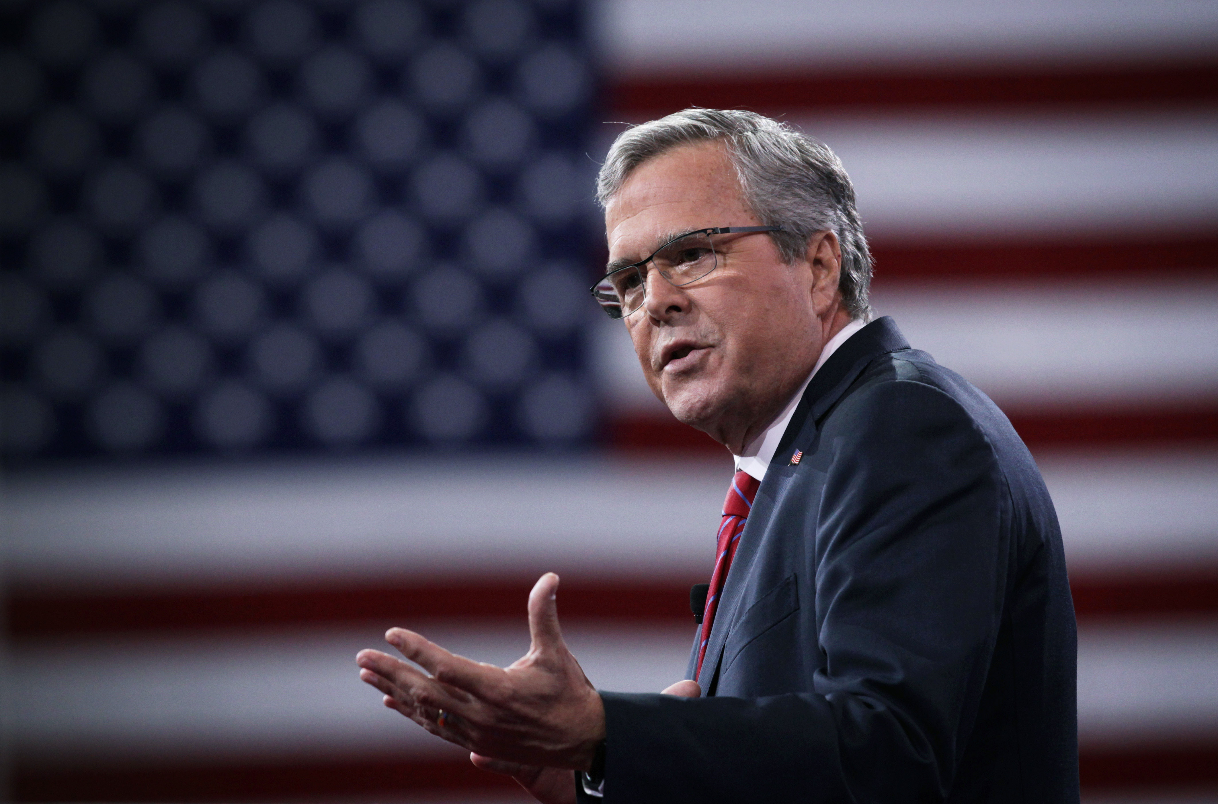NATIONAL HARBOR, MD - FEBRUARY 27:  Former Florida Jeb Bush speaks during an interview at the 42nd annual Conservative Political Action Conference (CPAC) February 27, 2015 in National Harbor, Maryland. Conservative activists attended the annual political conference to discuss their agenda.  (Photo by Alex Wong/Getty Images)