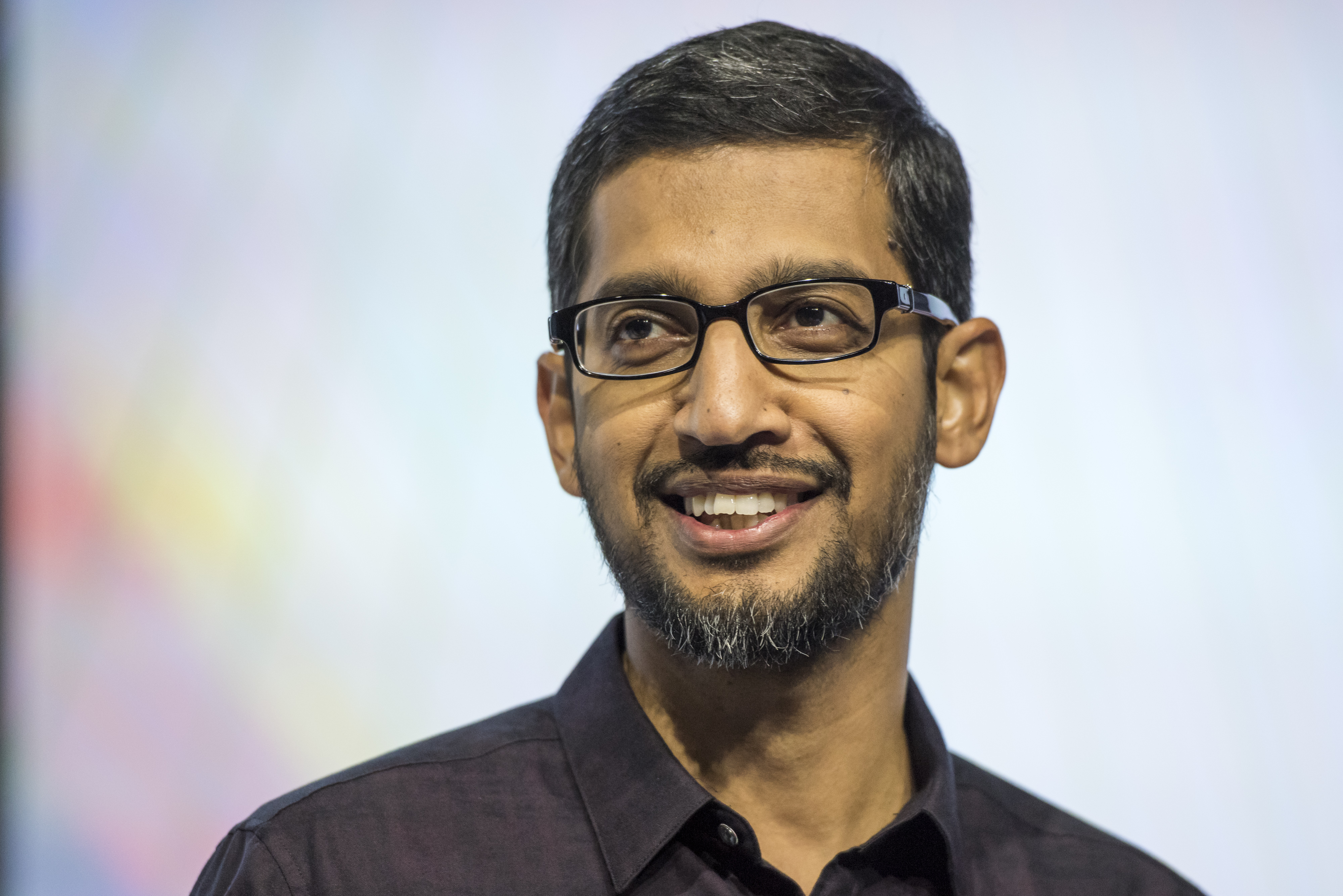 Sundar Pichai, chief executive officer of Google Inc., speaks during an event in San Francisco, California, U.S., on Tuesday, Sept. 29, 2015. Photographer: David Paul Morris/Bloomberg *** Local Caption *** Sundar Pichai