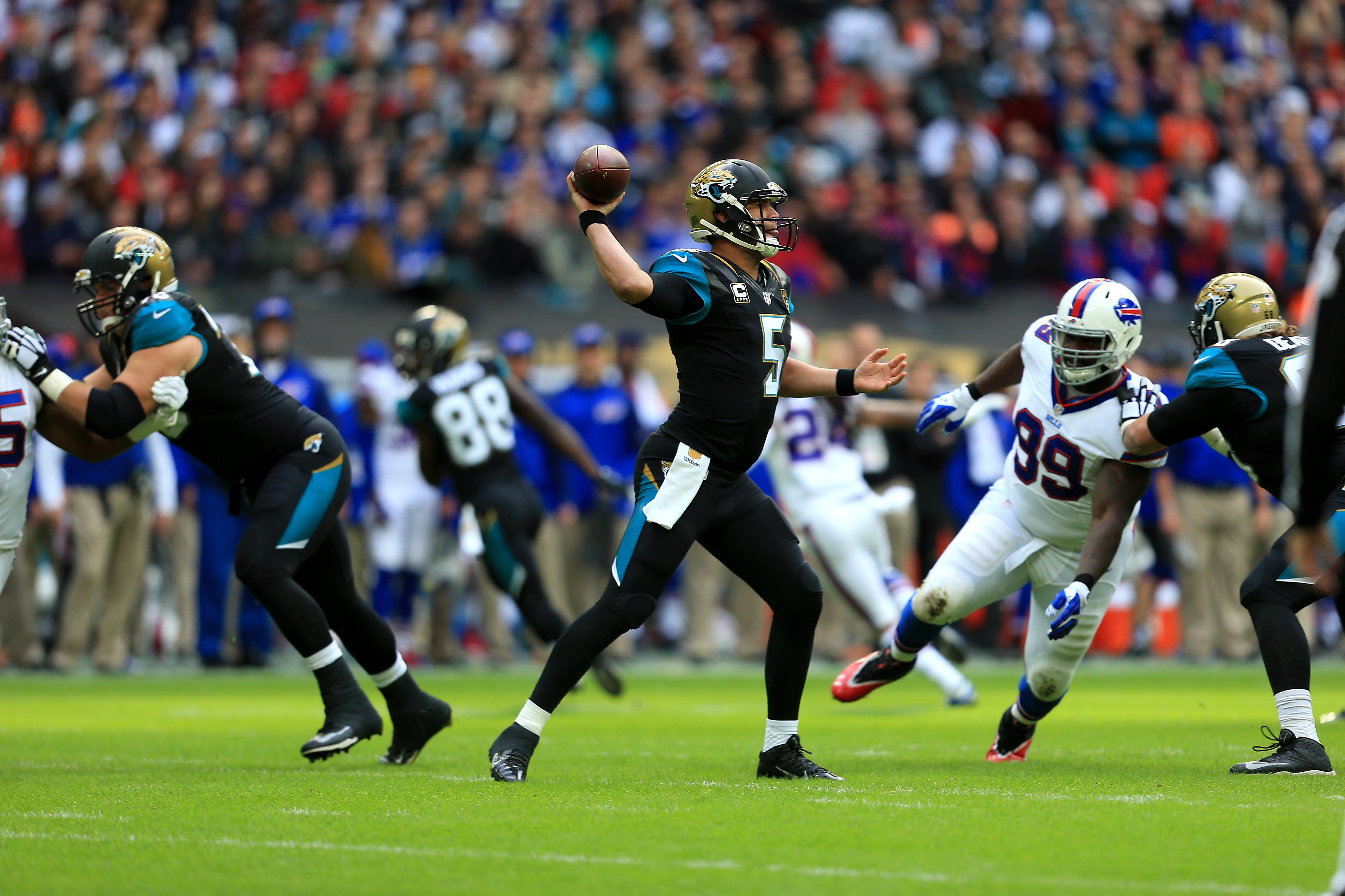 Blake Bortles of the Jacksonville Jaguars throws against the Buffalo Bills during the NFL game at Wembley Stadium on October 25, 2015 in London, England.