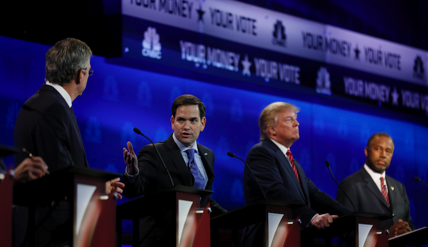 Left to right: Jeb Bush, Marco Rubio, Donald Trump, and Ben Carson at Wednesday night's Republican presidential debate on CNBC.