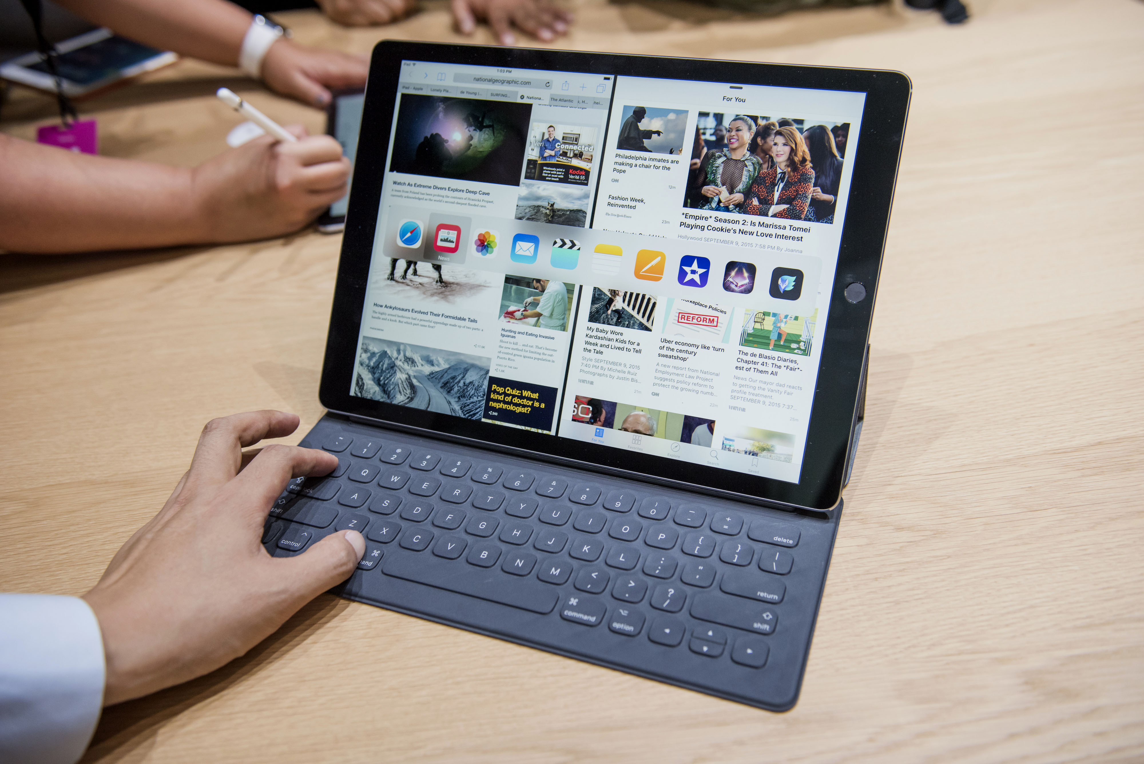 A new keyboard is displayed with the new Apple Inc. iPad Pro during an Apple product announcement in San Francisco, California, U.S., on Wednesday, Sept. 9, 2015. Apple Inc. introduced a larger iPad with a 12.9-inch screen, designed to attract business users and jump-start demand for its tablets. Photographer: David Paul Morris/Bloomberg