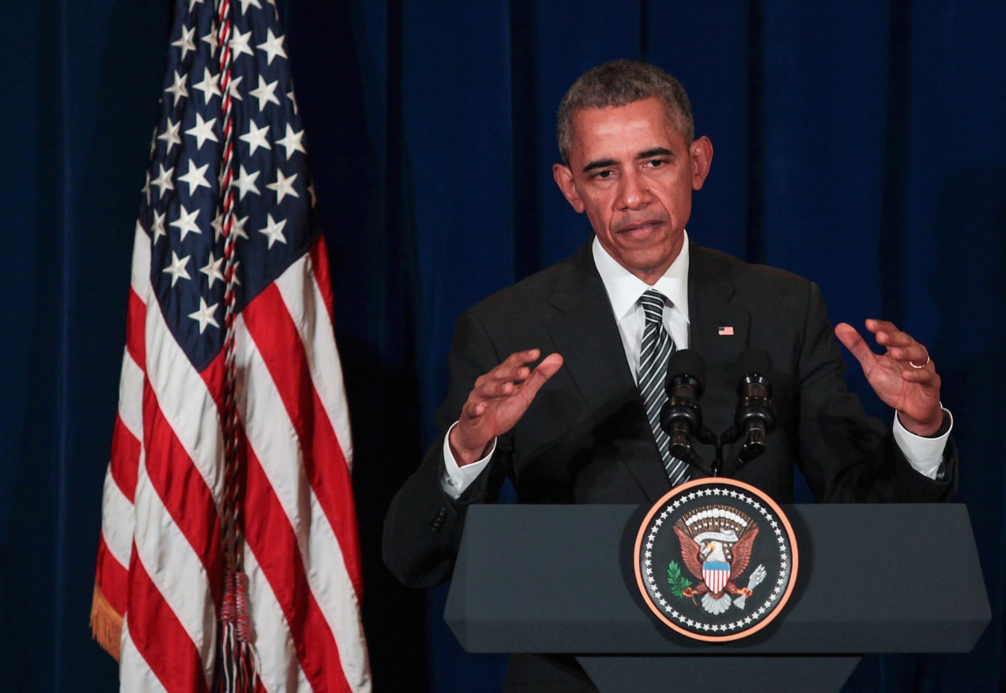 KUALA LUMPUR, MALAYSIA - NOVEMBER 22: U.S. President Barack Obama speak to media during news conference on November 22, 2015 in Kuala Lumpur, Malaysia. Obama is traveling on a 9-day trip to Turkey, the Philippines and Malaysia for international summits. (Photo by Mohd Samsul Mohd Said/Getty Images)