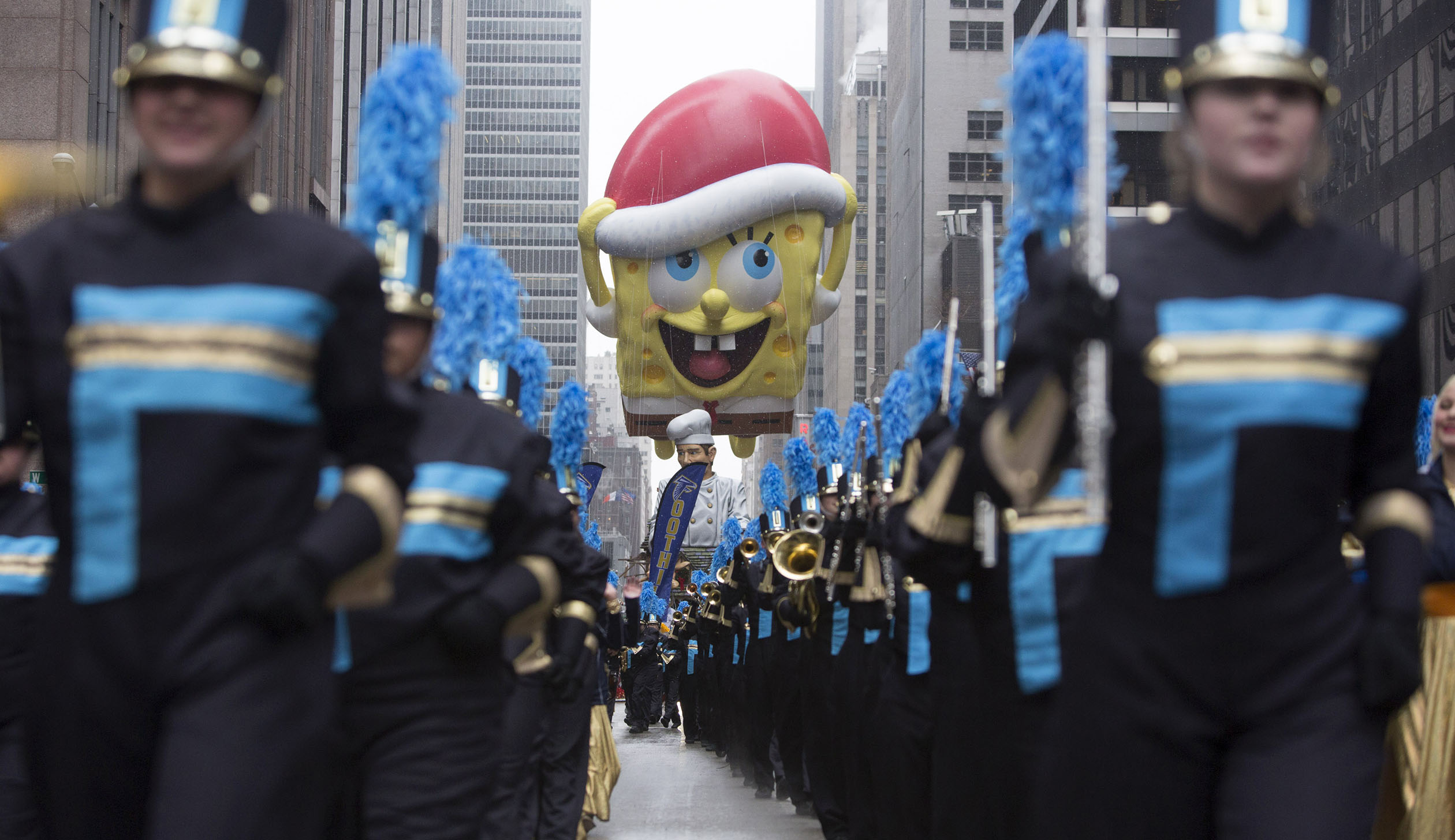 The Spongebob Squarepants balloon floats down Sixth Avenue during the 88th Annual Macy's Thanksgiving Day Parade in New York