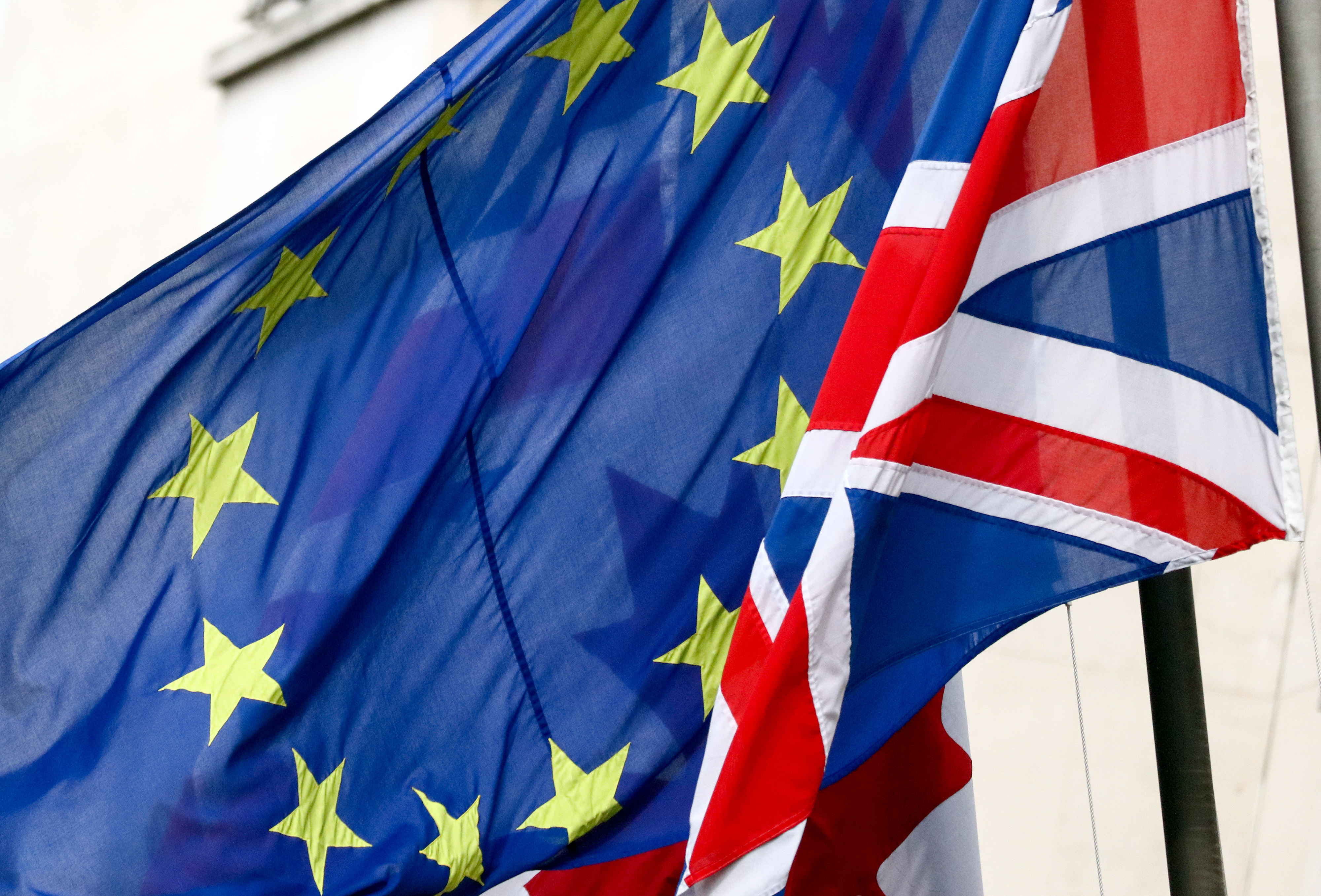 European Union Flags And Union Flags Flying Together As Brexit Vote Date May Be Decided This Week