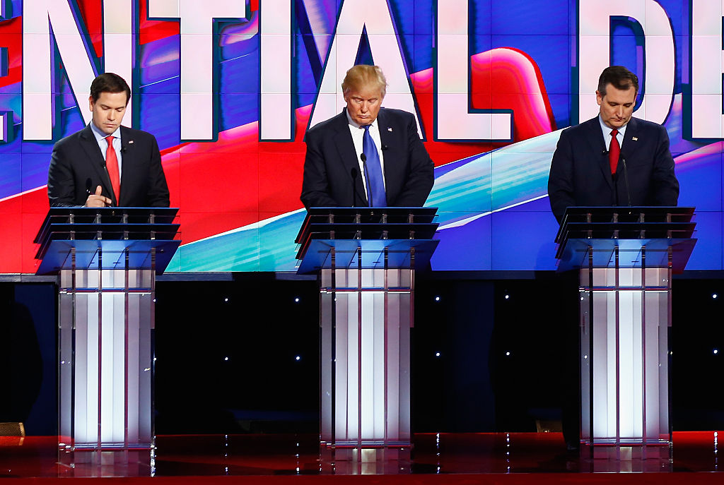 Republican presidential candidates Ben Carson, Florida Sen. Marco Rubio (R-FL), Donald Trump, Texas Sen. Ted Cruz (R-TX) and Ohio Gov. John Kasich (L-R) stand on stage as they are introduced for the Republican National Committee Presidential Primary Debate at the University of Houston's Moores School of Music Opera House on February 25, 2016 in Houston, Texas. The candidates are meeting for the last Republican debate before the Super Tuesday primaries on March 1. *** Local Caption *** Ben Carson; Marco Rubio; Donald Trump; Ted Cruz; John Kasich