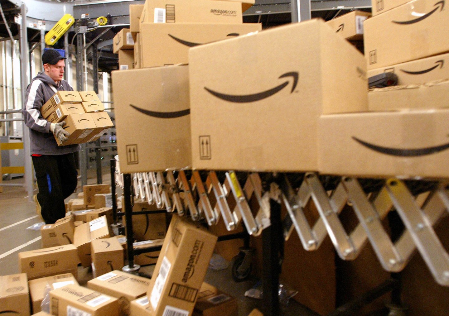 Daniel Brendoff sorts boxes before loading them onto trucks