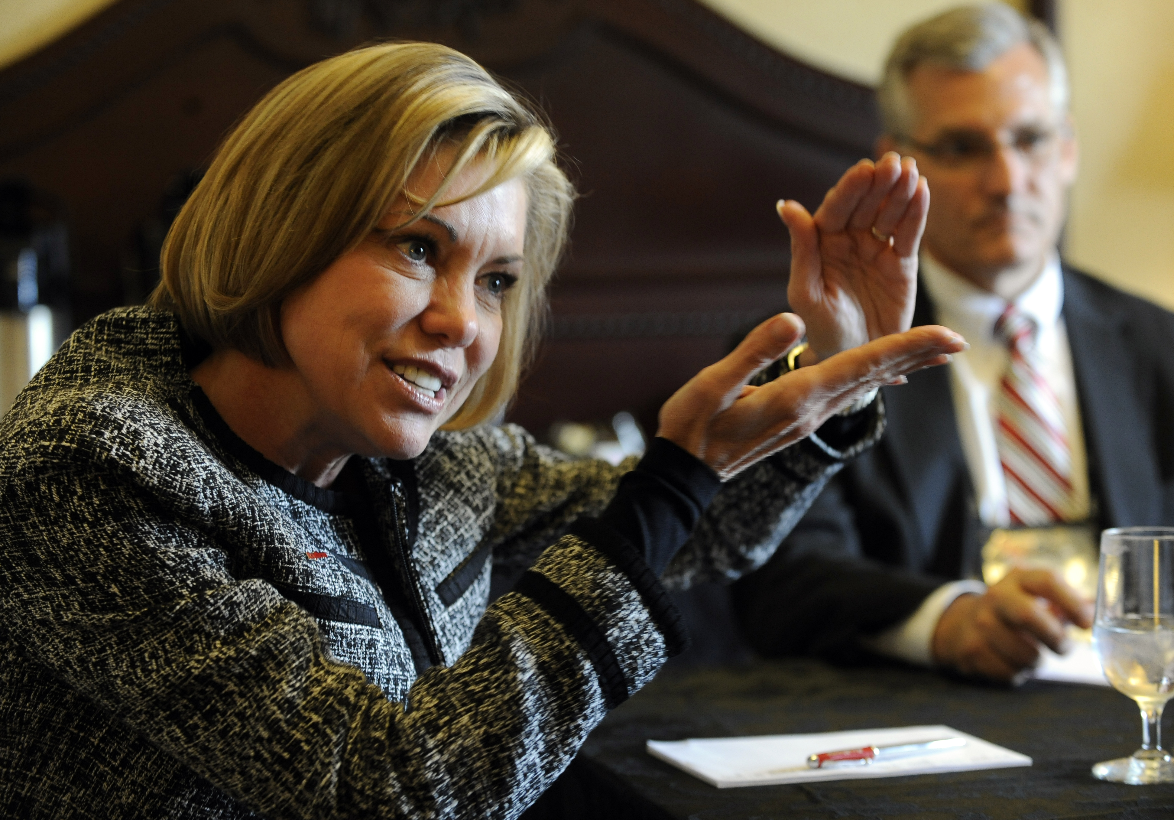 President of Raytheon Intelligence and Information Services, Lynn Dugle, talks about new ventures at the 28th National Space Symposium at the Broadmoor Hotel in Colorado Springs Tuesday afternoon. Andy Cross, The Denver Post
