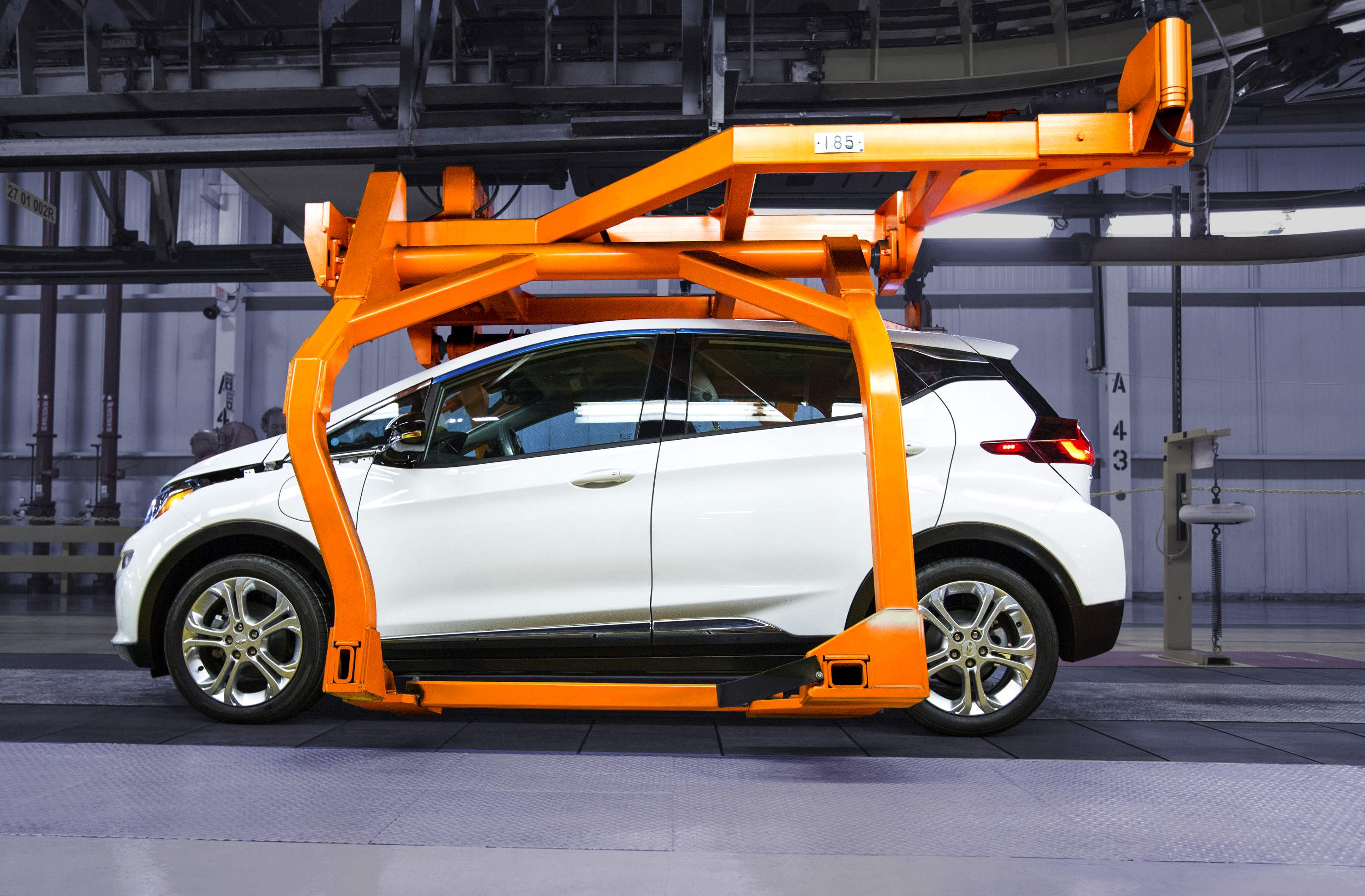 A Chevrolet Bolt EV pre-production vehicle on the assembly line March 16, 2016 at the General Motors Orion Assembly Plant in Orion Township, Mich.
