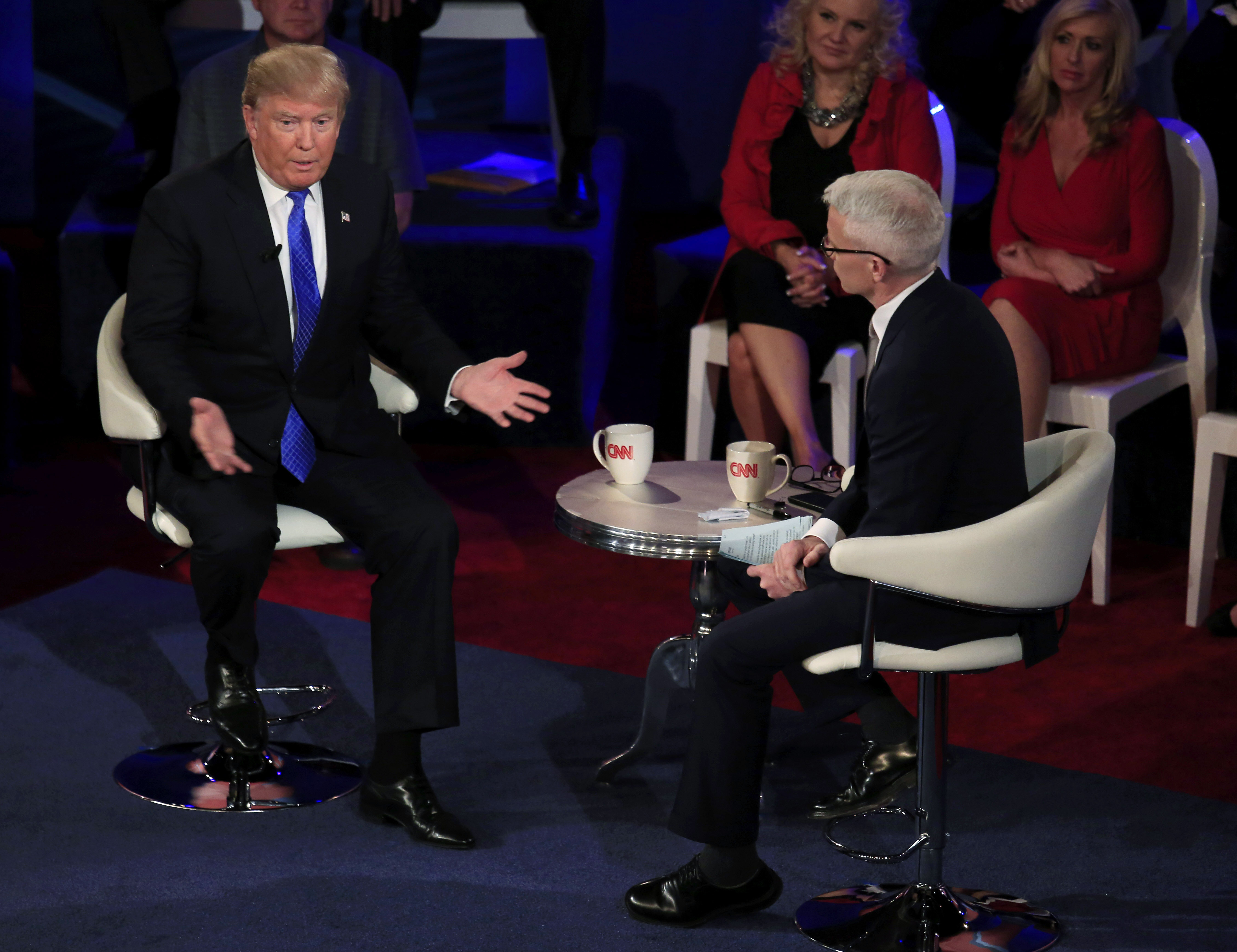 MILWAUKEE, WI - MARCH 29: Republican Presidential candidate Donald Trump takes part in a town hall event moderated by Anderson Cooper March 29, 2016 in Milwaukee, Wisconsin. Candidates are campaigning in Wisconsin ahead of the state's April 5th primary. (Photo by Darren Hauck/Getty Images)