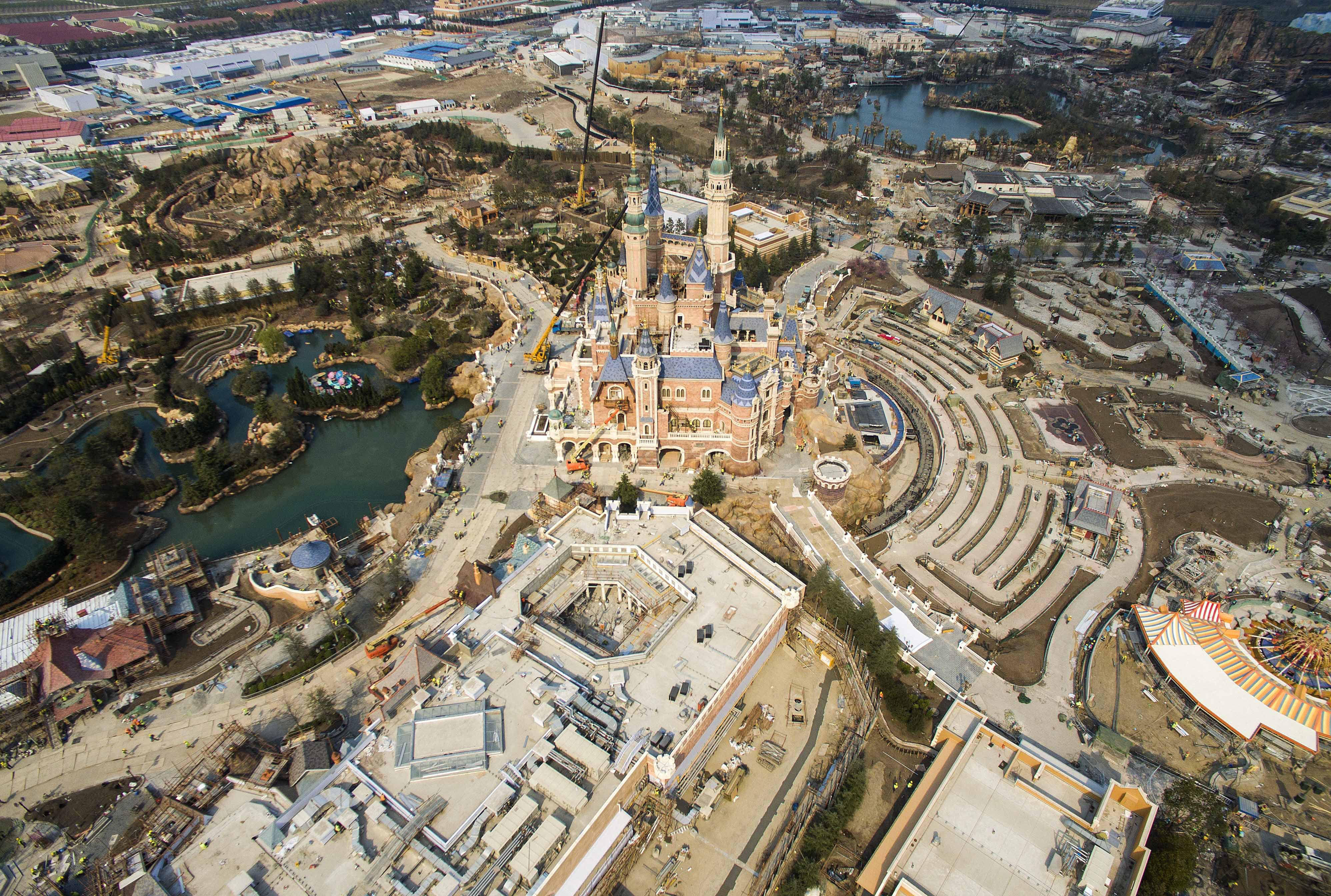 SHANGHAI, CHINA - MARCH 27: (CHINA OUT) Aerial view of the Shanghai Disneyland Park under construction on March 27, 2016 in Shanghai, China. Shanghai Disneyland Park sold ticket from Monday and would open on June 16. (Photo by VCG)***_***