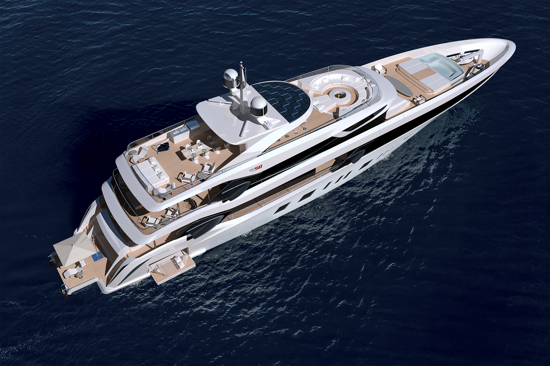 Top view of a super yacht designed by Henrik Fisker in partnership with shipbuilder Benetti. Courtesy of Henrik Fisker
